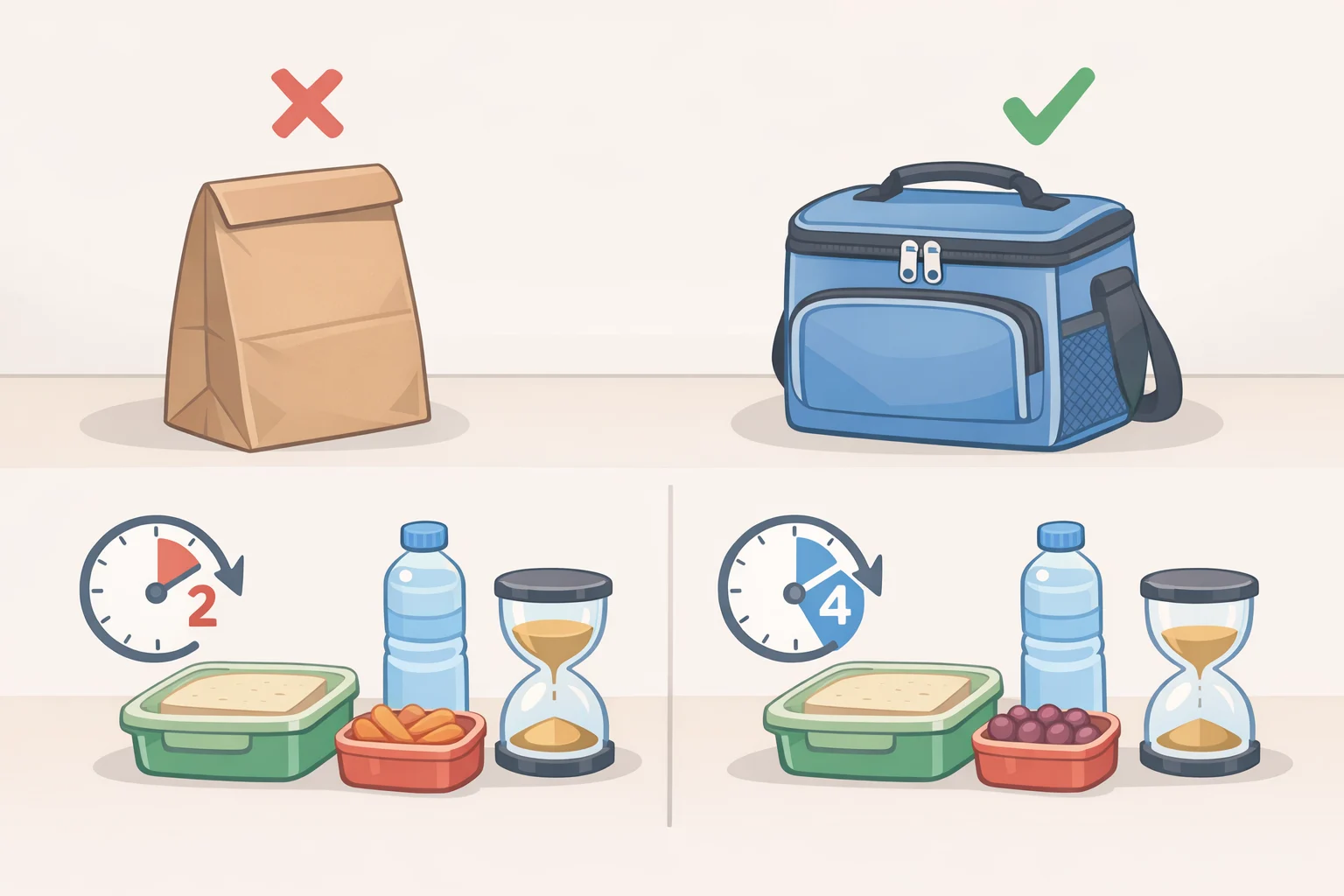 Checklist-style illustration showing an insulated lunch bag with two cold sources, a paper bag crossed out, and a simple danger-zone time clock for keeping perishable lunches safe