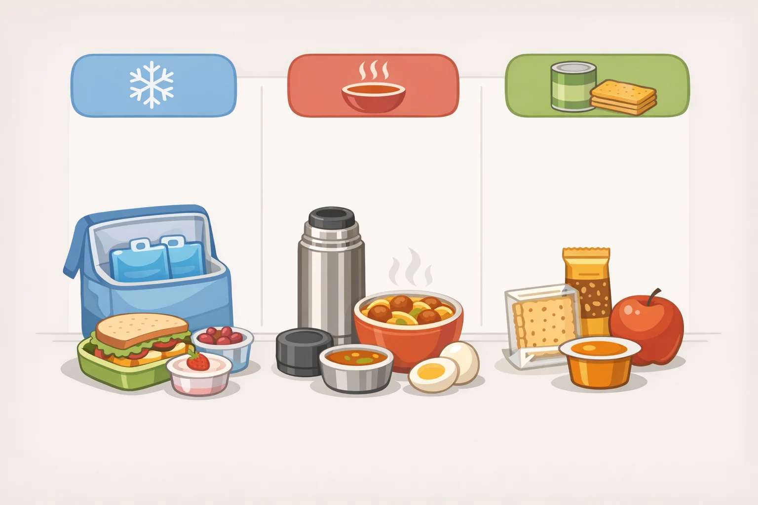 Quick and easy back-to-school meal ideas chart comparing a cold track lunchbox with two cold sources, a hot thermos filled after preheating, and a no-reliable-storage option using shelf-stable foods