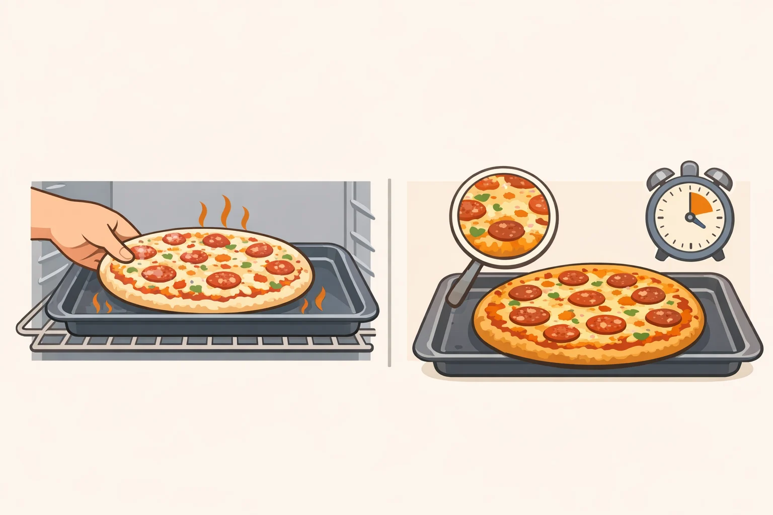 Cook frozen pizza in a standard oven using the box pan method: a tray sits in a fully preheated oven while a frozen pizza bakes and the cheese browns at the edges for a crisp crust