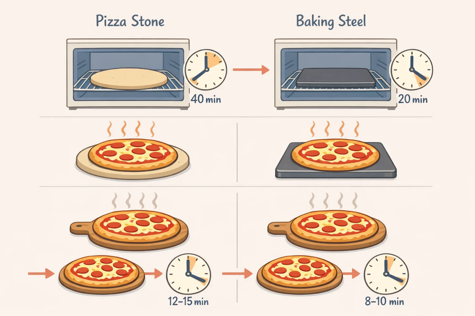 Split-style kitchen scene showing a pizza stone preheating alongside the oven versus a baking steel preheated for 45 minutes, highlighting that steel uses a different frozen-to-heat process
