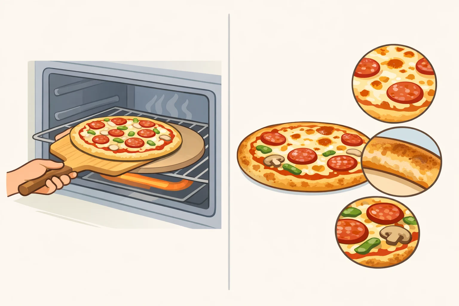 Top-down view of a frozen pizza sliding onto a preheated pizza stone at 475°F, with melted bubbly cheese and browned edges indicating how to cook frozen pizza for a crisp crust