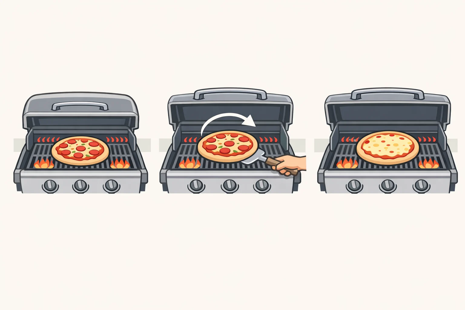 Gas grill cooking setup for frozen pizza: burners on high to preheat, middle burner turned off for indirect heat, pizza placed on the hot side under the lid, rotated as cheese bubbles and browns