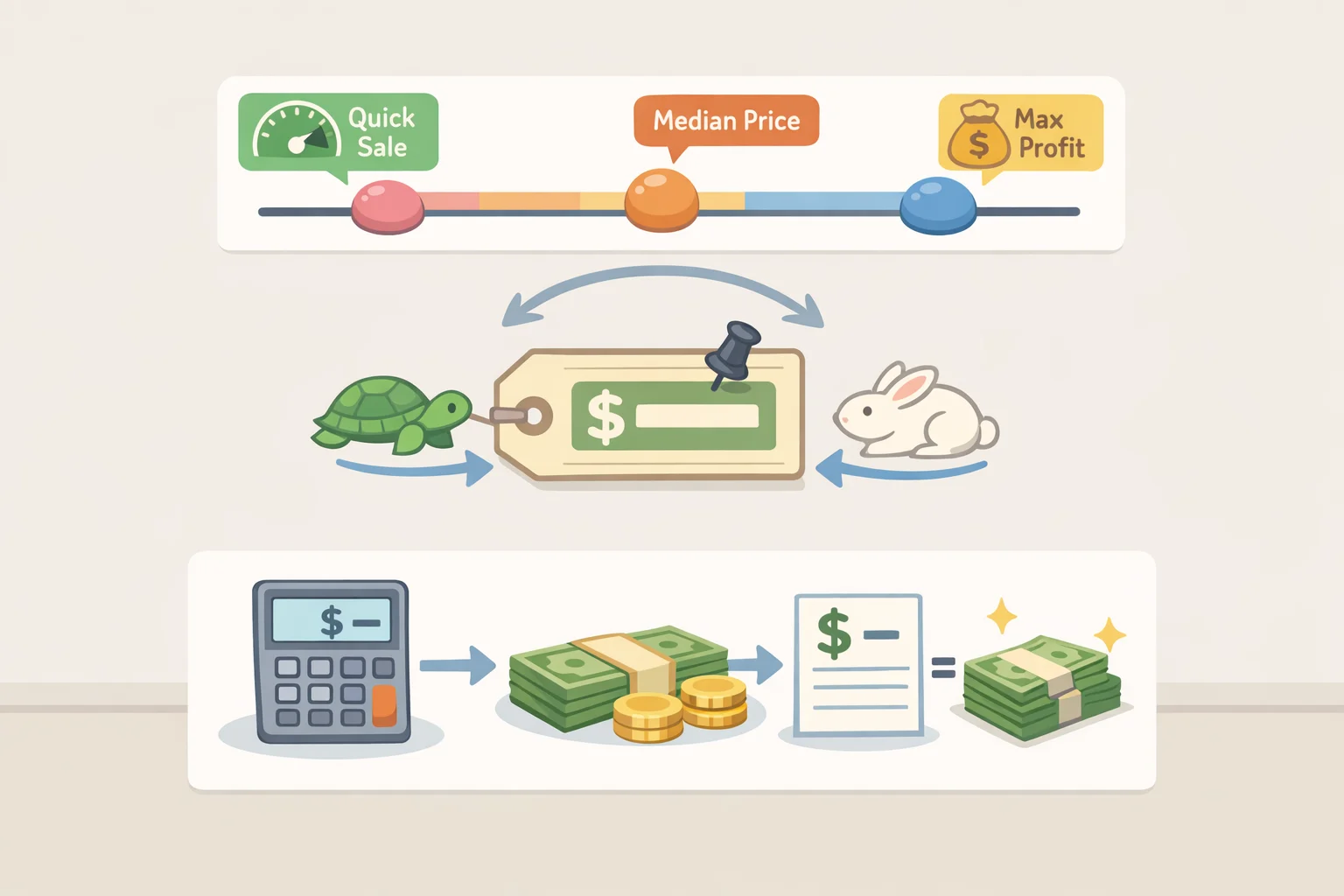 Step-by-step workflow graphic showing how to set a console resale price from sold-listing medians and account for marketplace fees and shipping