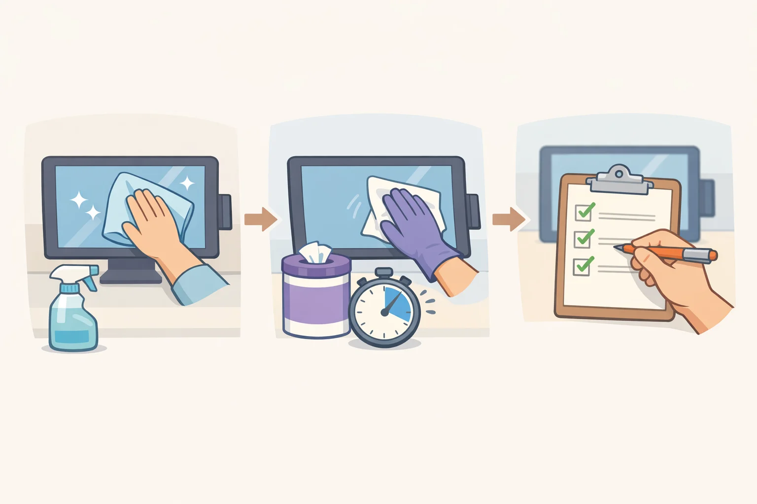 Illustration of a repeatable touchscreen cleaning routine showing clean-then-disinfect order, correct wet contact time, trigger events, and manager sign-off logging