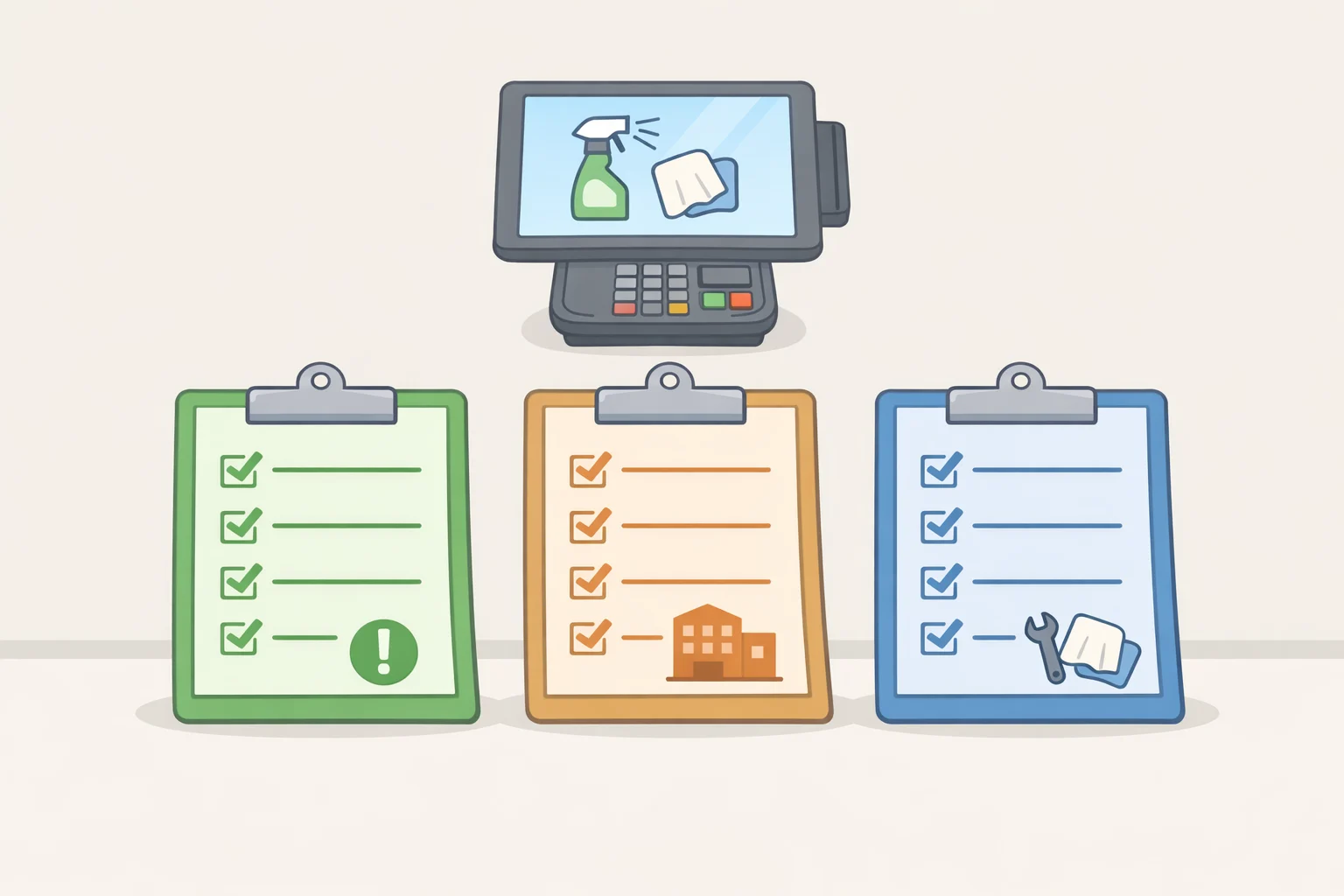 Illustration of a cleaning-rules checklist that contrasts CDC guidance with state or local health-department food codes and the POS/kiosk manufacturer’s approved products