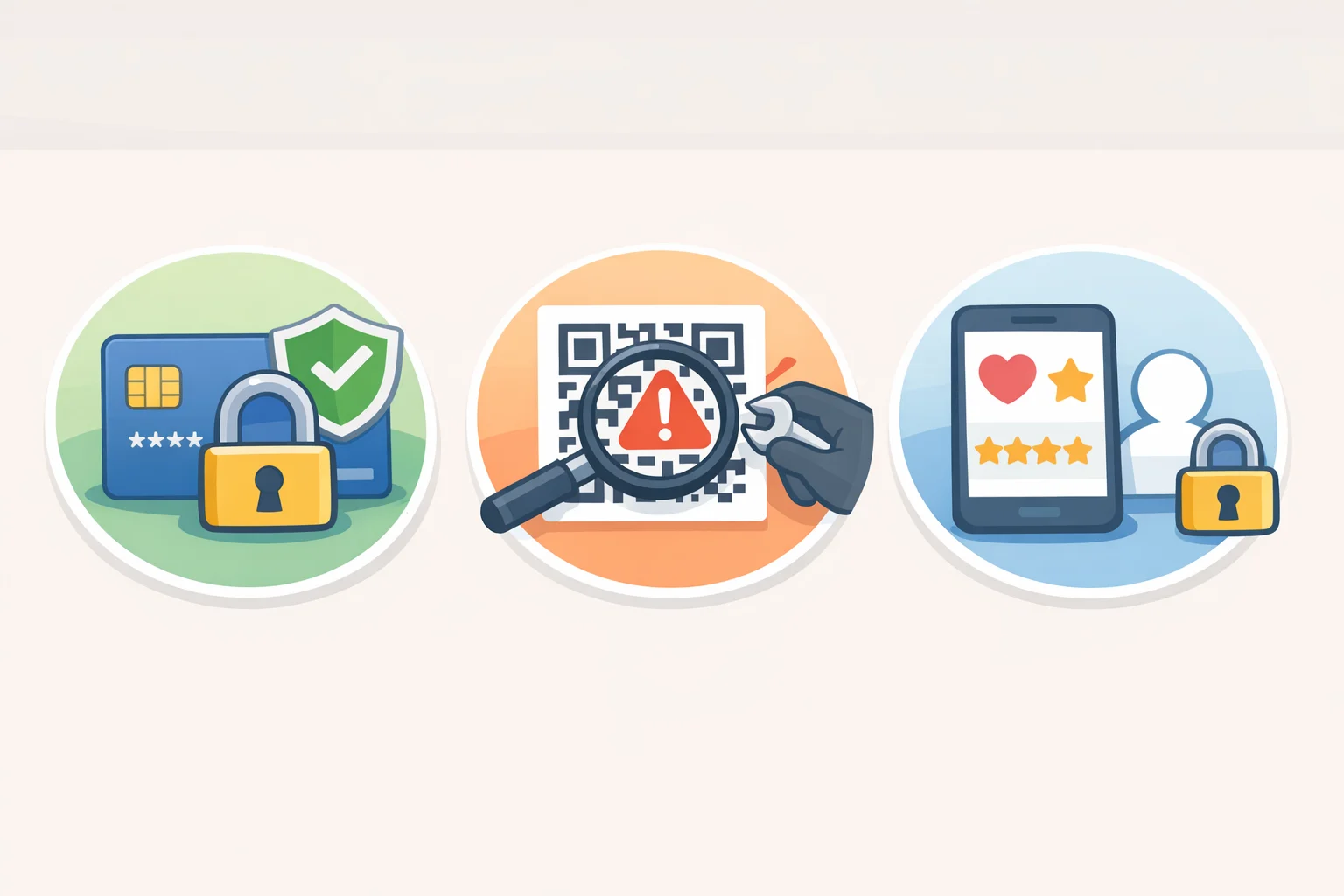 Illustration of a reminder panel separating the guide’s cleaning focus from payment-data security, QR-code tampering, and loyalty-app privacy topics