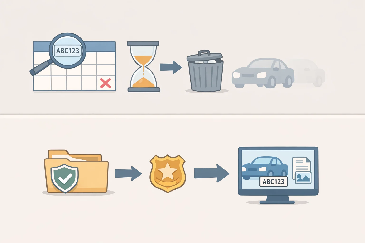 Timeline illustration showing Flock’s default seven-day retention window, the earlier 30-day period change, and Evidence Mode preserving case-linked searches beyond seven days