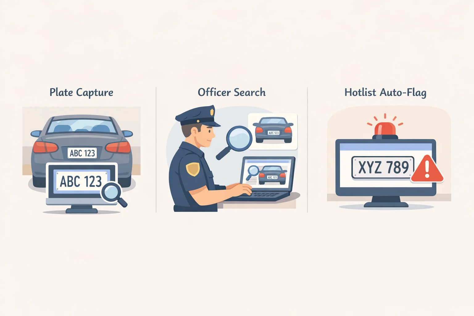 Diagram comparing Flock Safety ALPR outcomes—camera capture, officer-typed plate search, and automated hotlist alerts—highlighting that Have I Been Flocked focuses on disclosed audit-log searches rather than captures