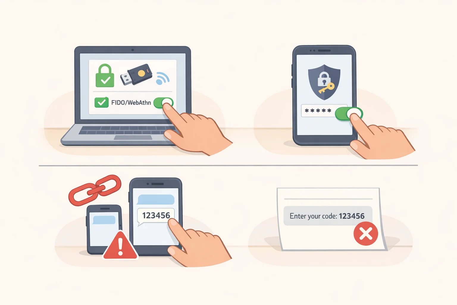 Illustration of enabling phishing-resistant login security (FIDO/WebAuthn or authenticator-based MFA) and rejecting one-time codes entered from links sent by an unknown person