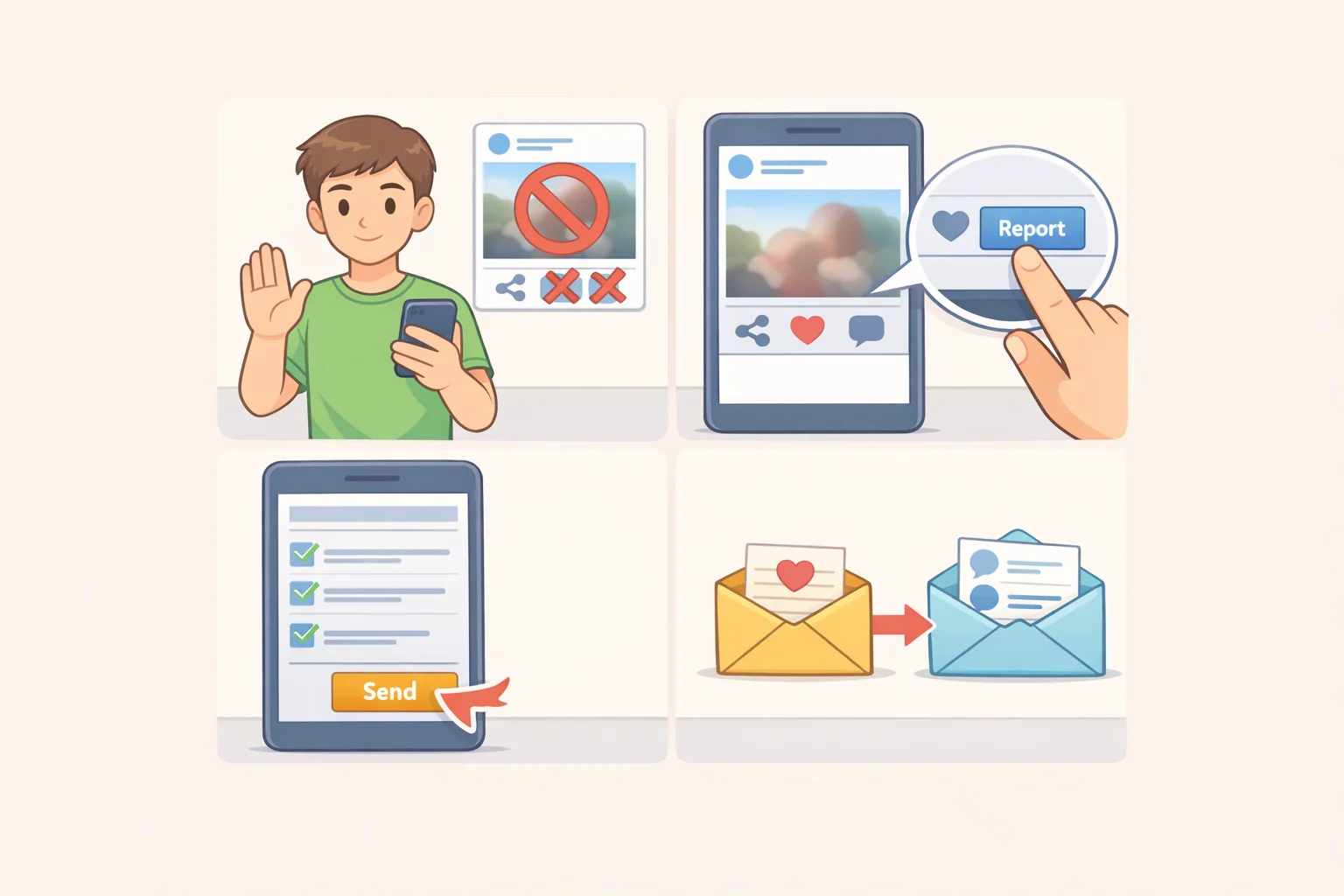 Illustration of reporting a sextortion post on a platform while preserving the offender's original messages and avoiding forwarding or downloading the image