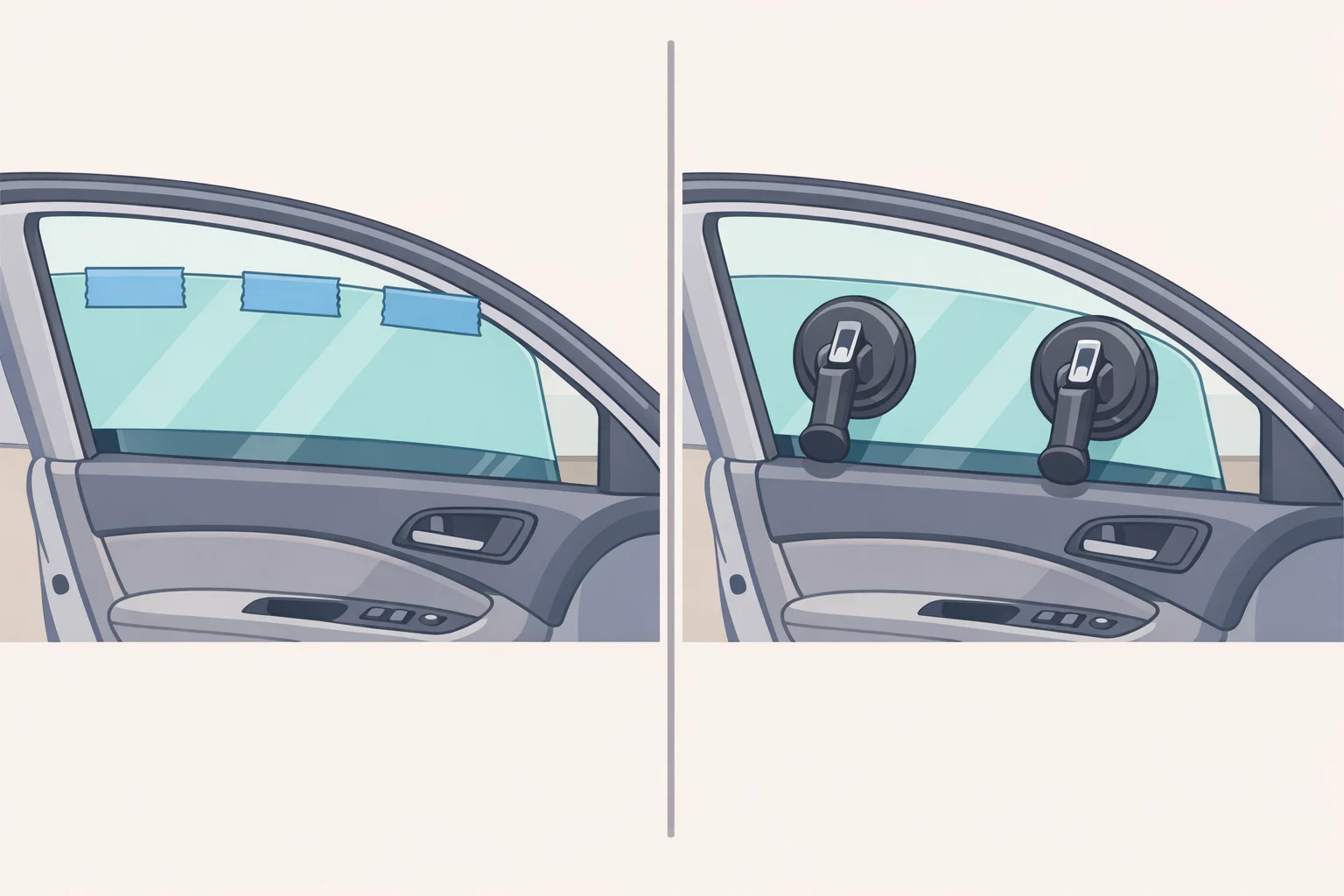 Illustration of securing a power window after it drops into the door using crisscross painter's tape over the door frame or suction-cup handles to keep the glass from falling