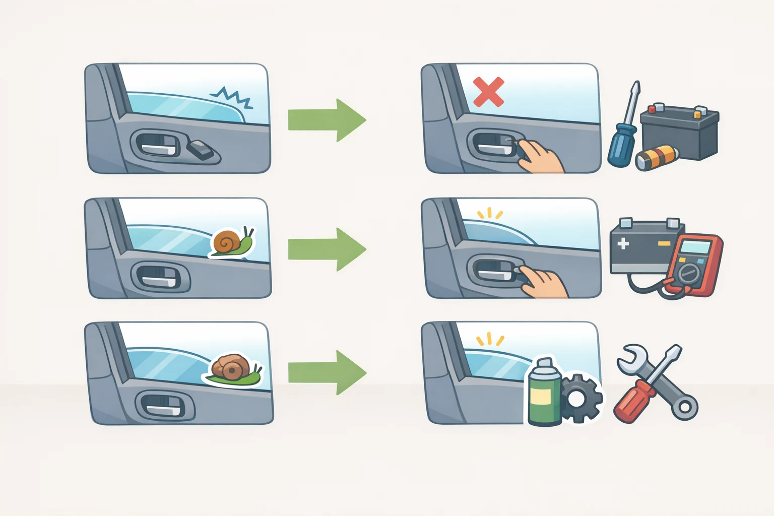 Checklist-style illustration mapping common stuck car window symptoms (ice, slow movement, auto-reverse, grinding) to likely causes like frozen seals, dry tracks, calibration drift, or regulator failure