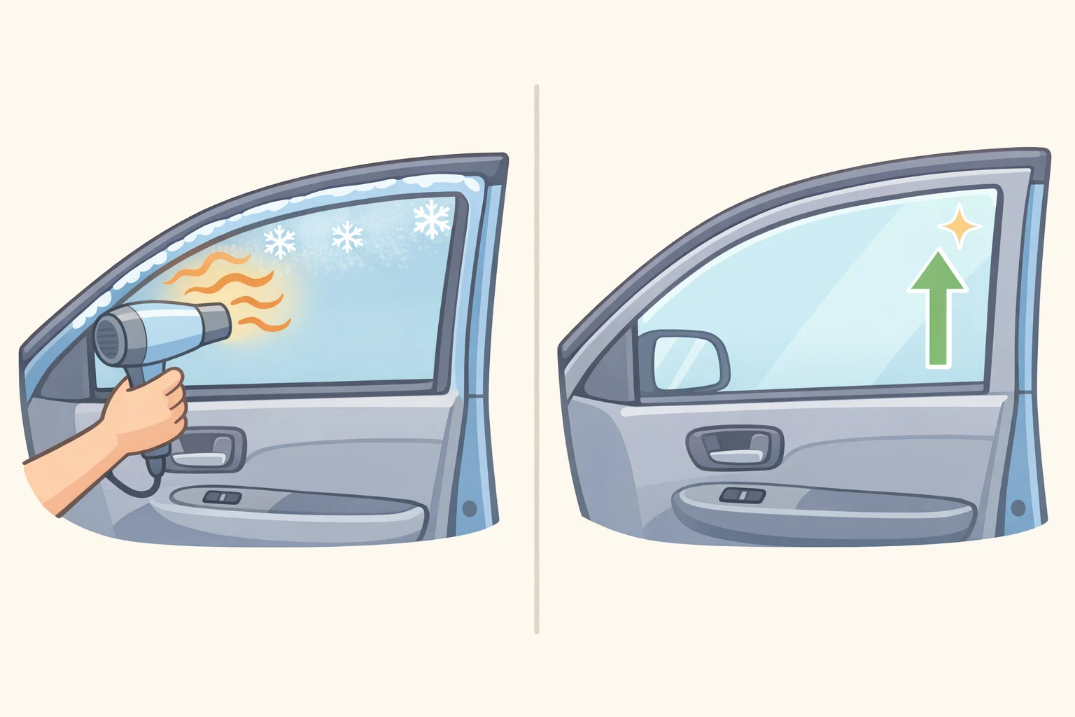 Illustration of a car window stuck in a rubber door seal being freed by warming the seal (car window sticking to weather stripping) rather than repeatedly forcing the switch