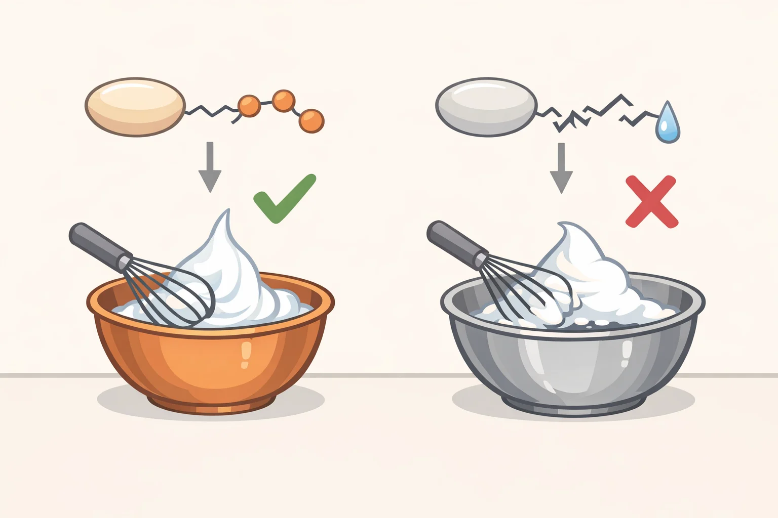 Illustration of whisking egg whites in a copper bowl compared with a chilled stainless steel bowl, highlighting why copper helps stabilize foam chemistry