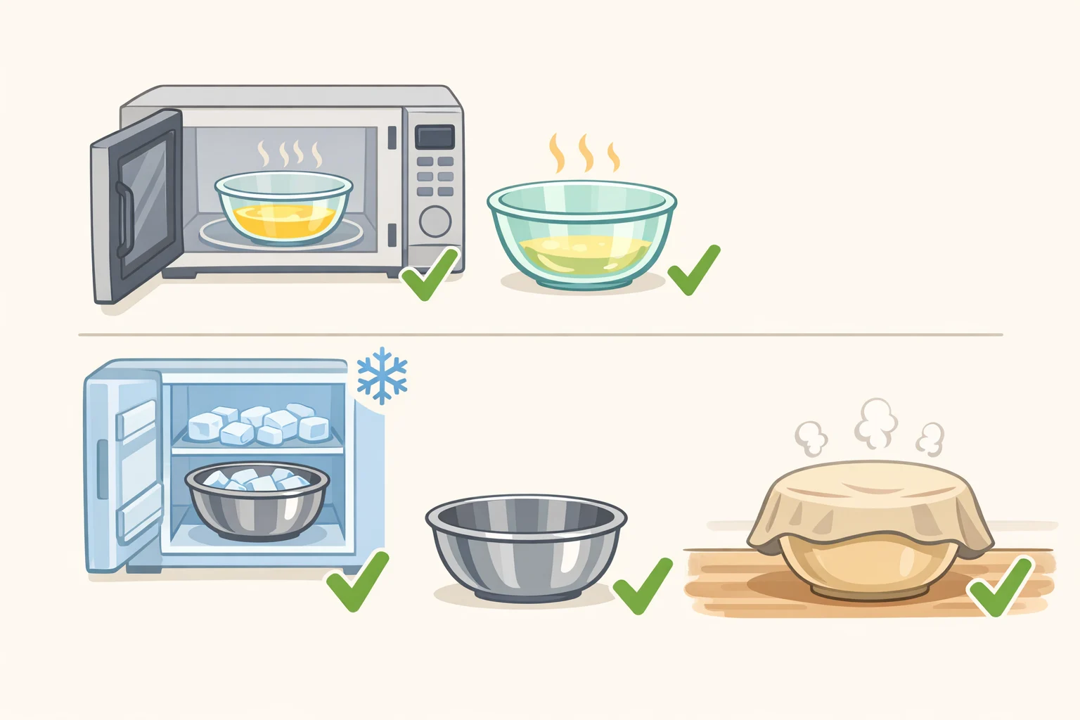 Photo-style diagram showing a microwave-safe glass bowl melting chocolate, a chilled stainless steel bowl used for rapid temperature control, and a plastic bowl holding warmth for yeast dough proofing
