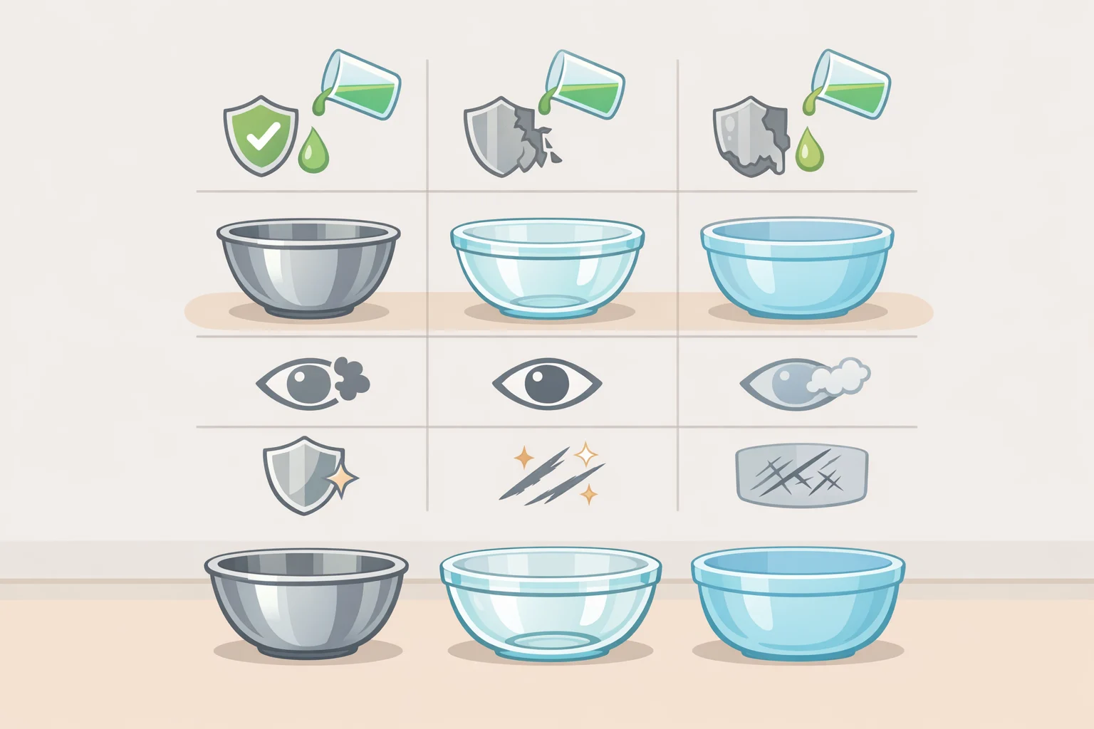 Comparison photo of stainless steel, glass, and plastic mixing bowls showing differences in non-reactivity, clarity for checking flour at the bottom, and scratch-prone porous surfaces affecting egg whites and meringues