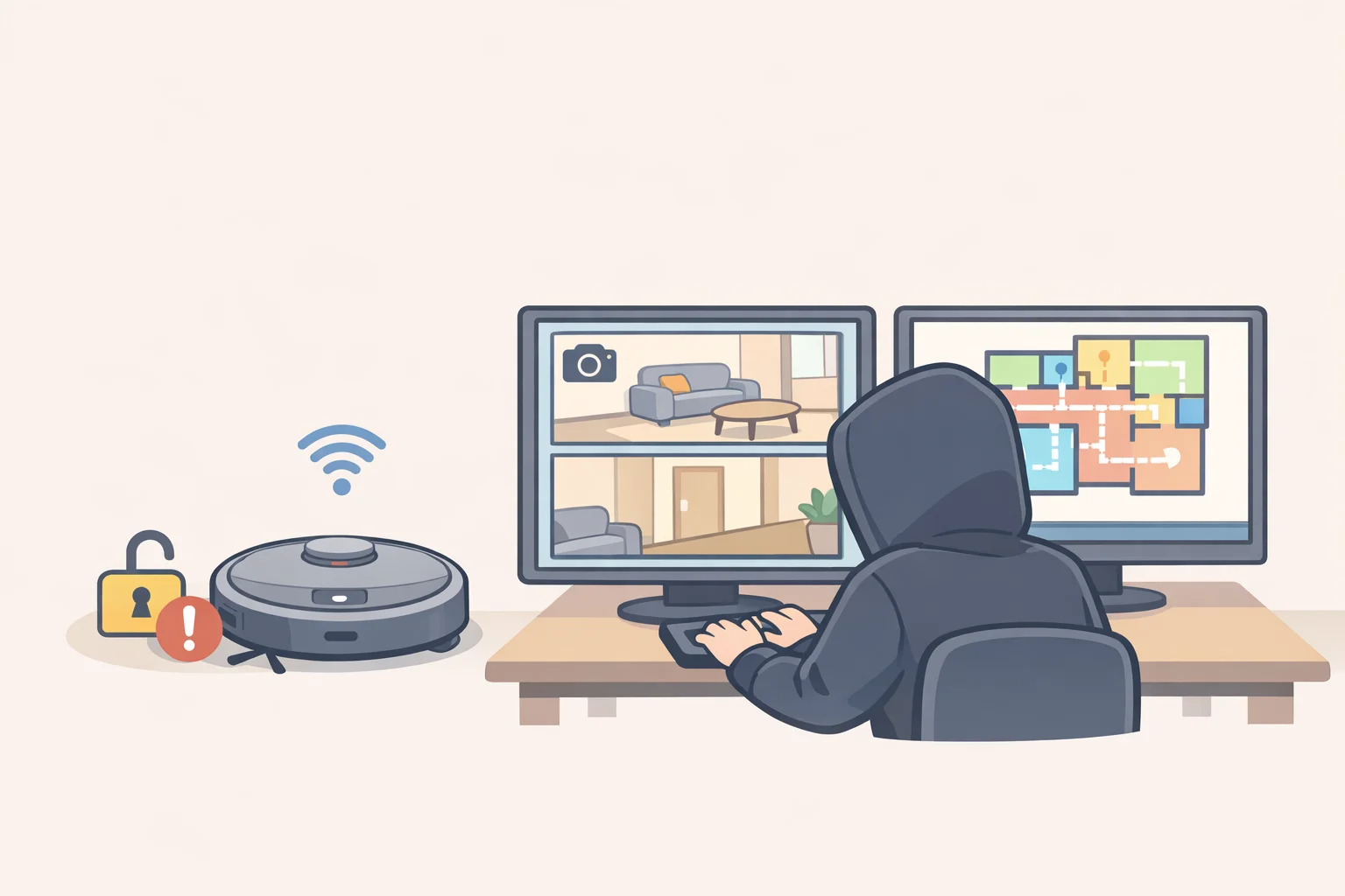 Illustration showing unauthorized access to a connected robot vacuum's camera feed and floor map to illustrate why the FCC robot vacuum ban raises national security and personal safety concerns