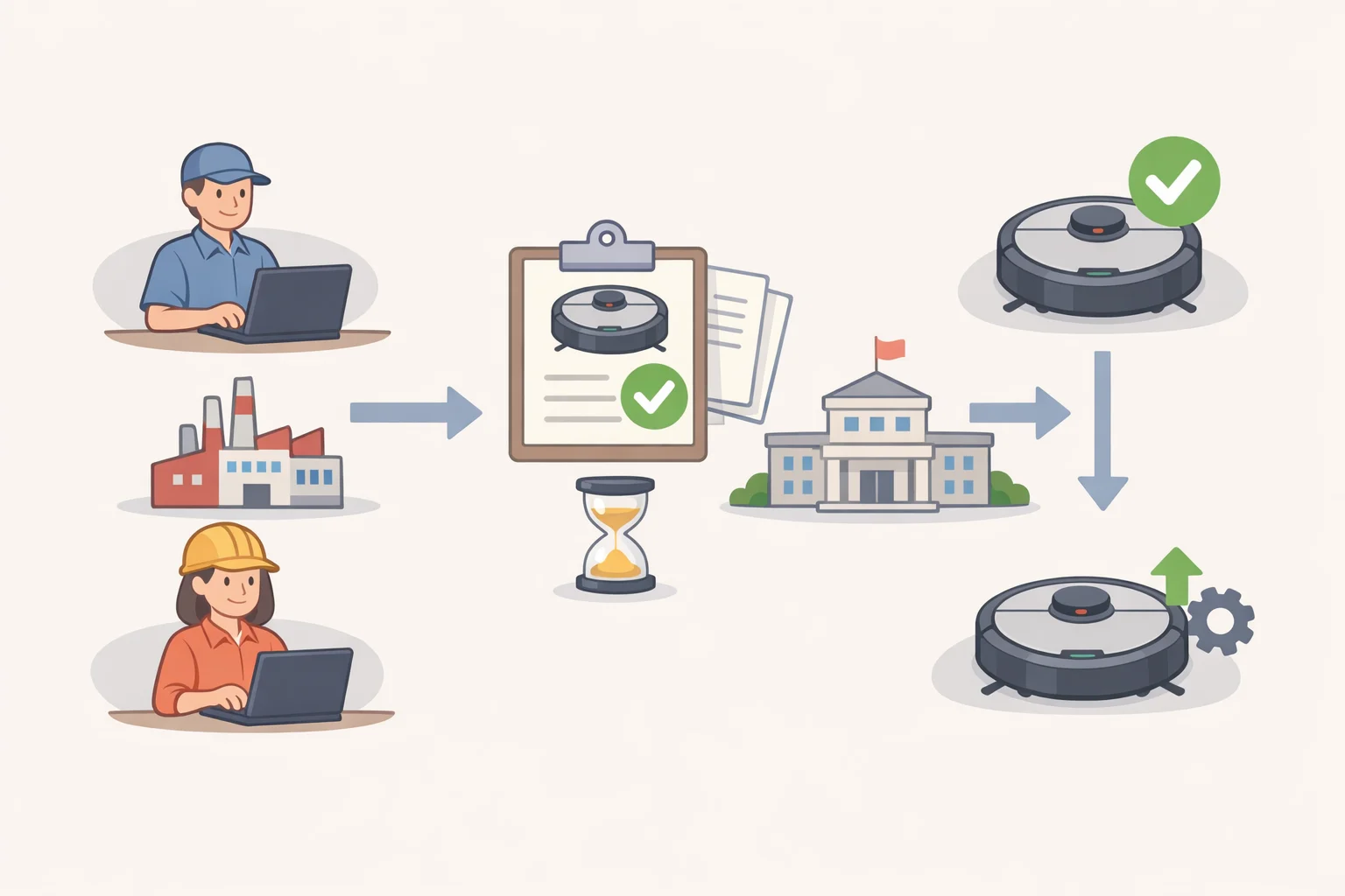 Flowchart illustration of the Conditional Approval pathway for a new foreign-produced robot vacuum and how authorized models can continue receiving software and firmware updates through January 1, 2029