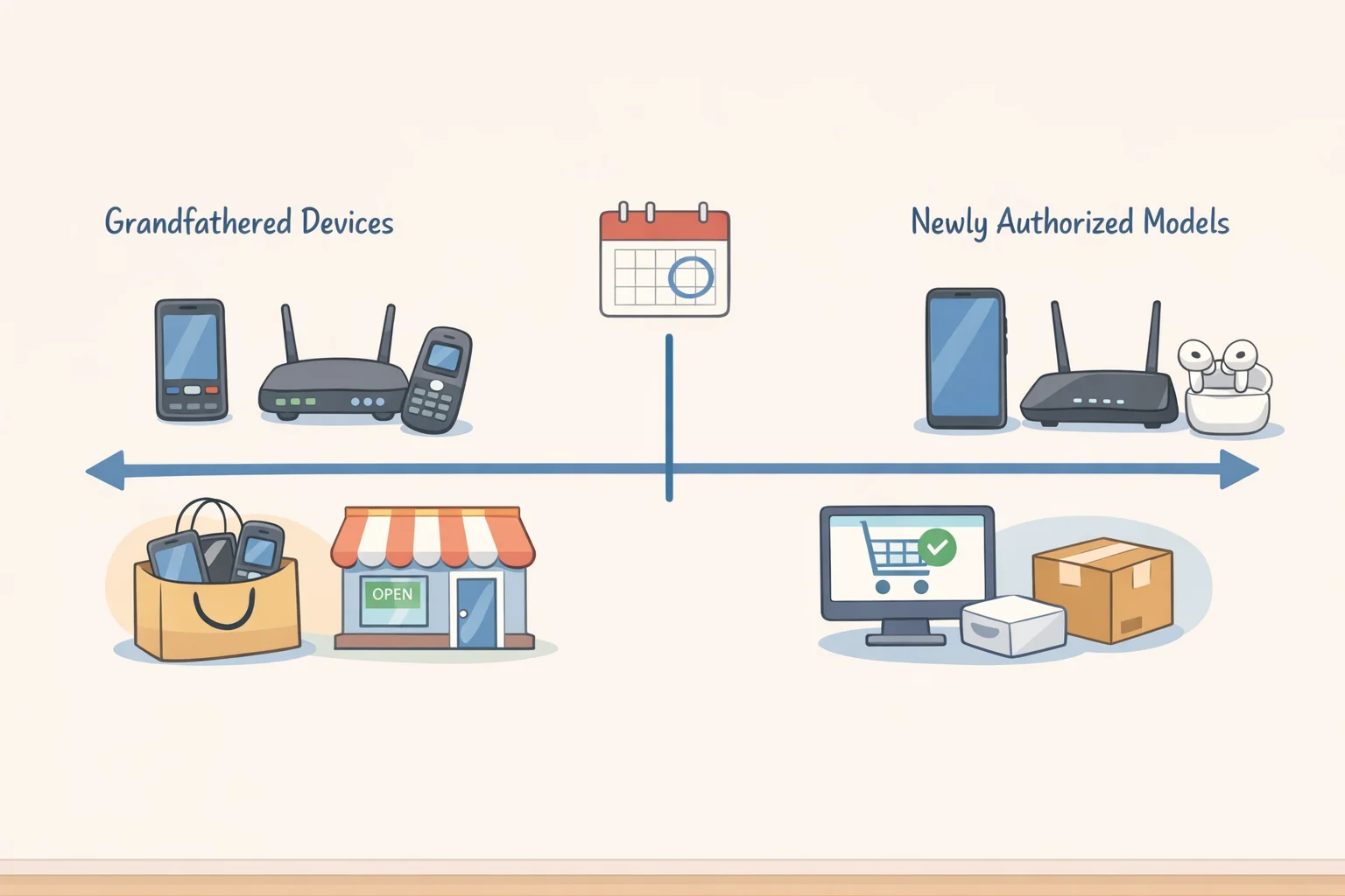 Timeline illustration explaining when a robot vacuum is grandfathered under the FCC robot vacuum ban, when previously authorized models remain sellable, and when new foreign-produced models are blocked without authorization