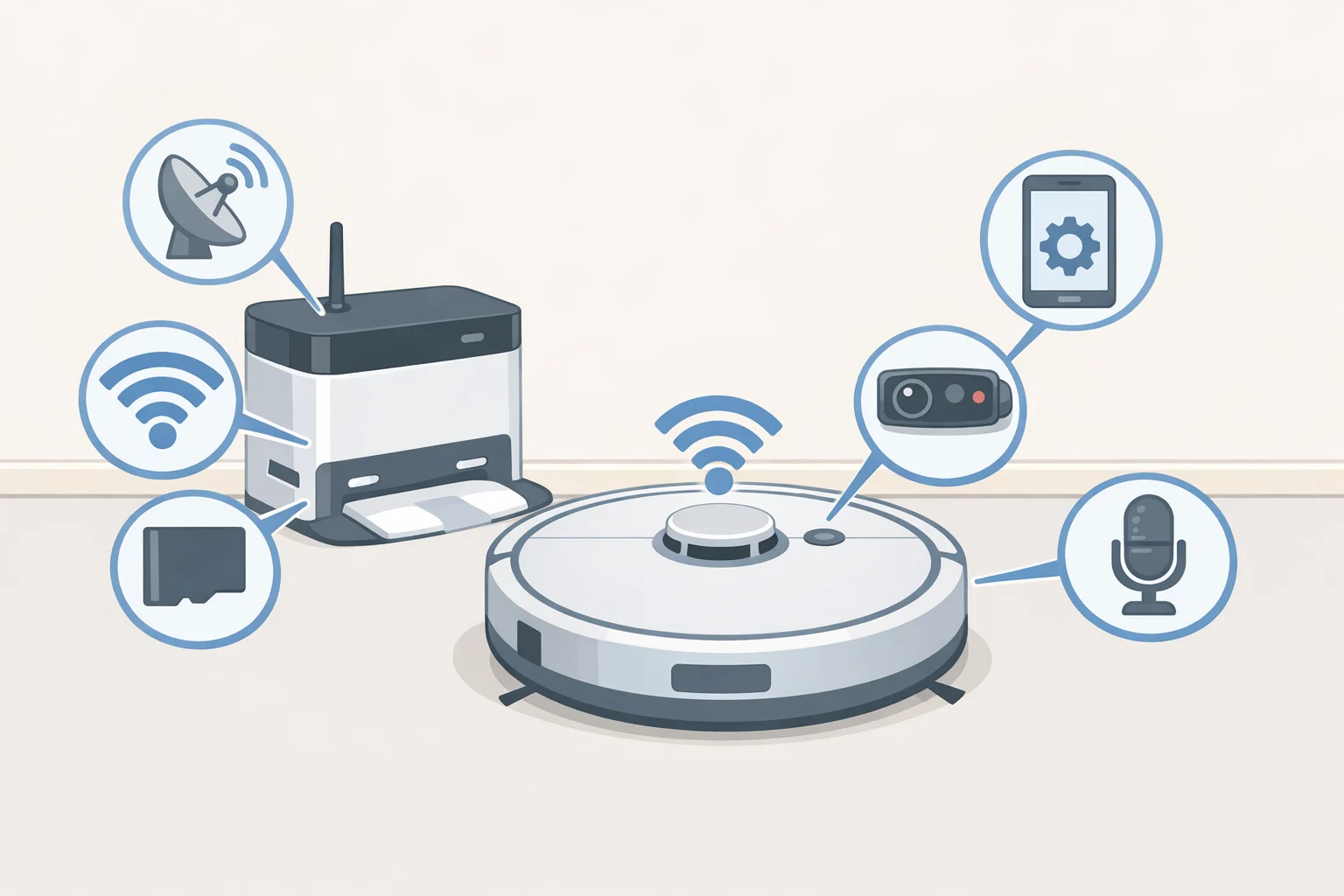 Illustration of a robot vacuum with callouts for movement along the floor, environmental sensing, 200 kbps network connectivity, and navigation software that match the FCC Covered List criteria