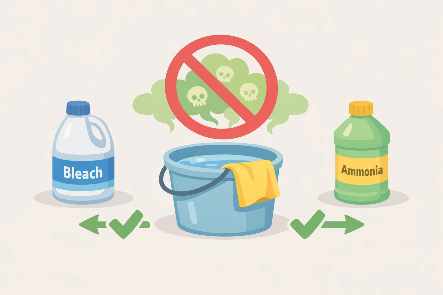 Diagram of household bleach and ammonia cleaners separated to prevent toxic chloramine gas formationcleaning products you should never mix in the same bucket or on the same rag