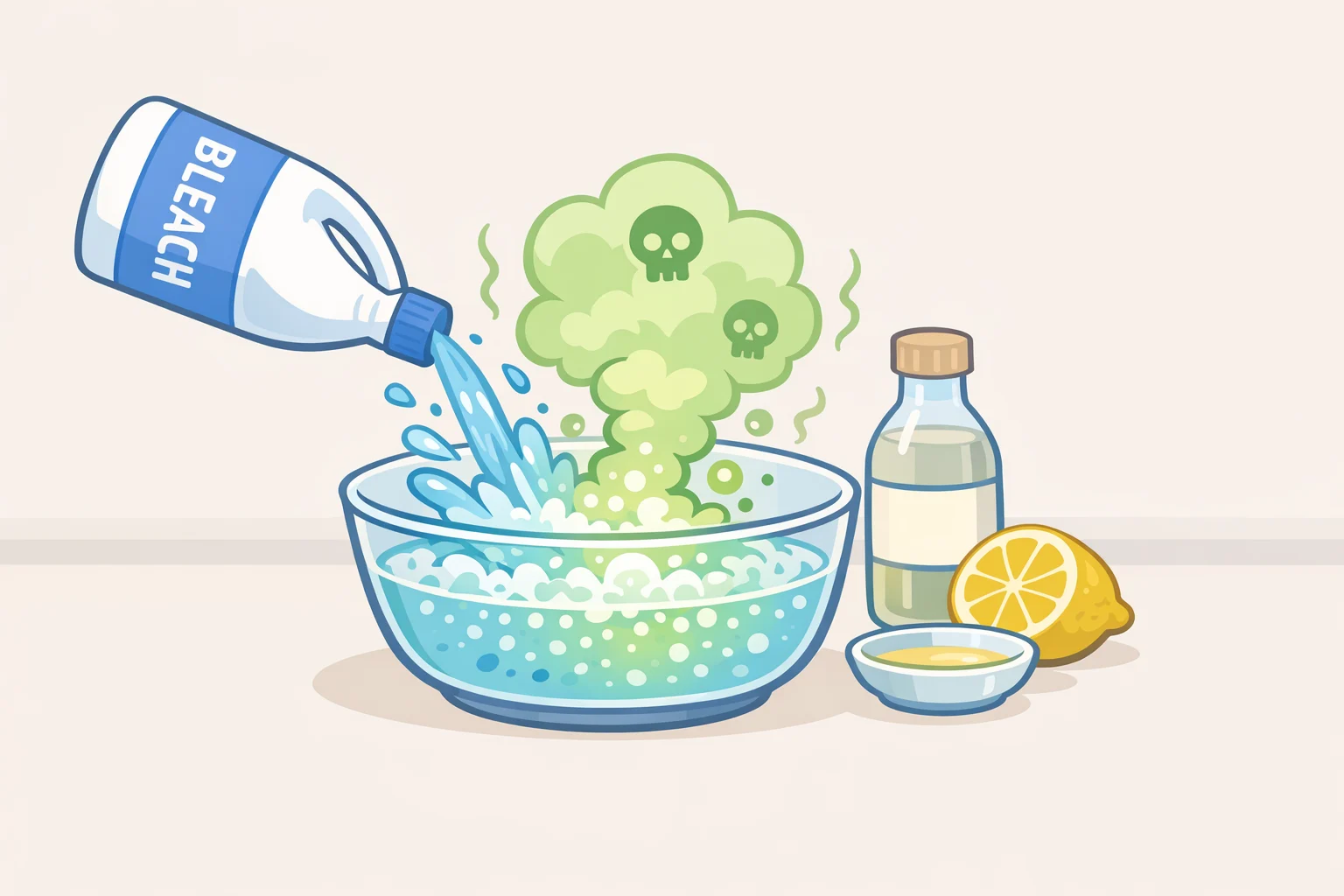 Illustration of chlorine gas forming when chlorine bleach contacts vinegar or lemon juice in the same cleaning container