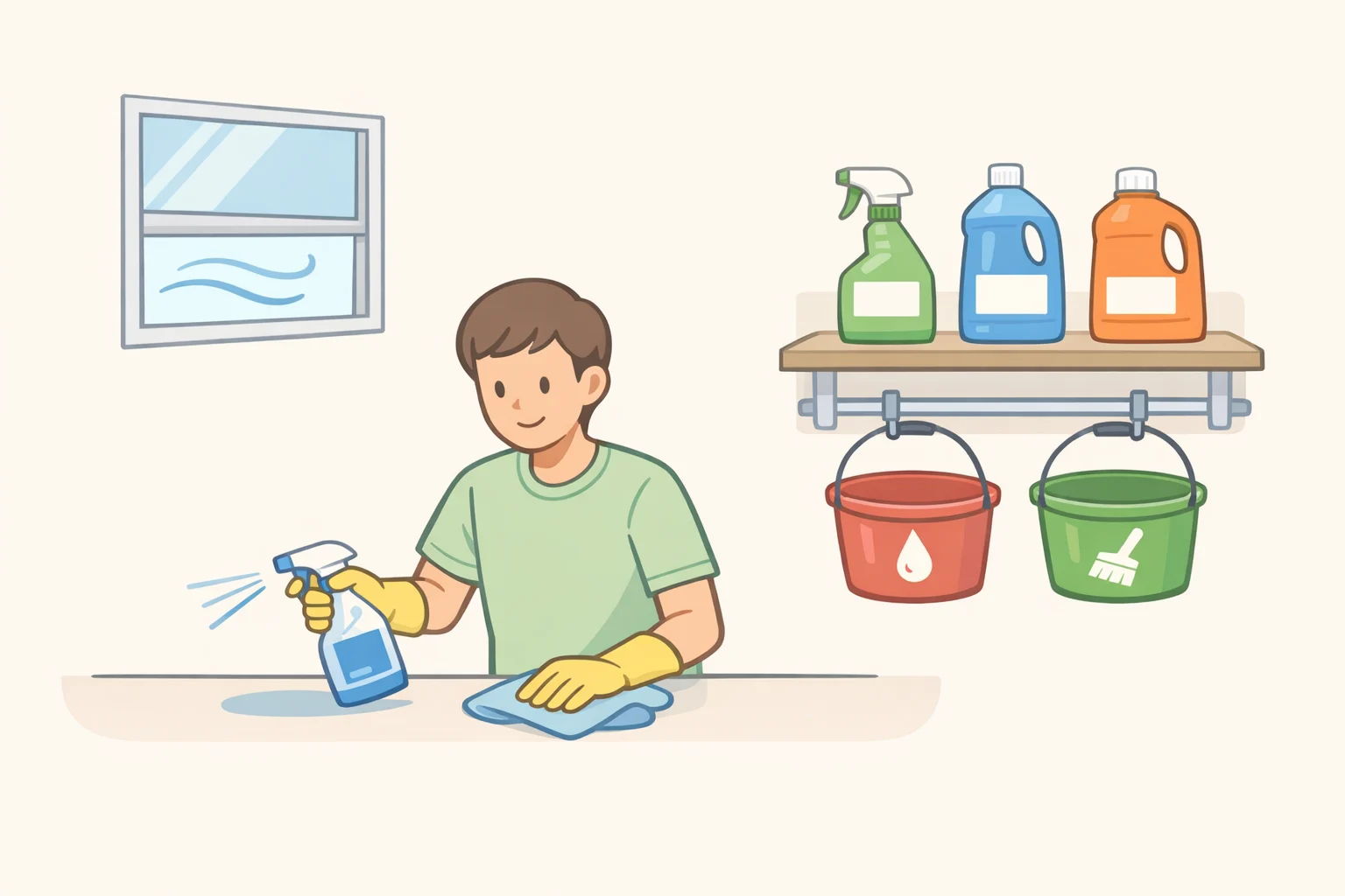 Step-by-step illustration of safe cleaning: using one product at a time, keeping cleaners in original labeled bottles, cleaning in a ventilated area, and wearing gloves and goggles