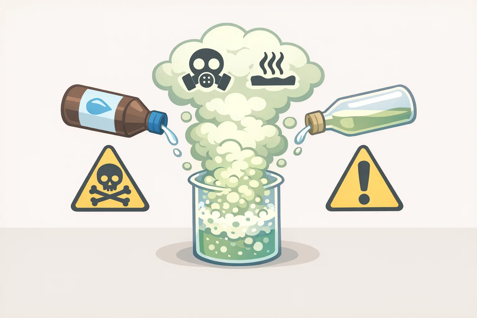 Illustration of hydrogen peroxide and vinegar being combined with caution symbols indicating toxic fumes and corrosive acid risk
