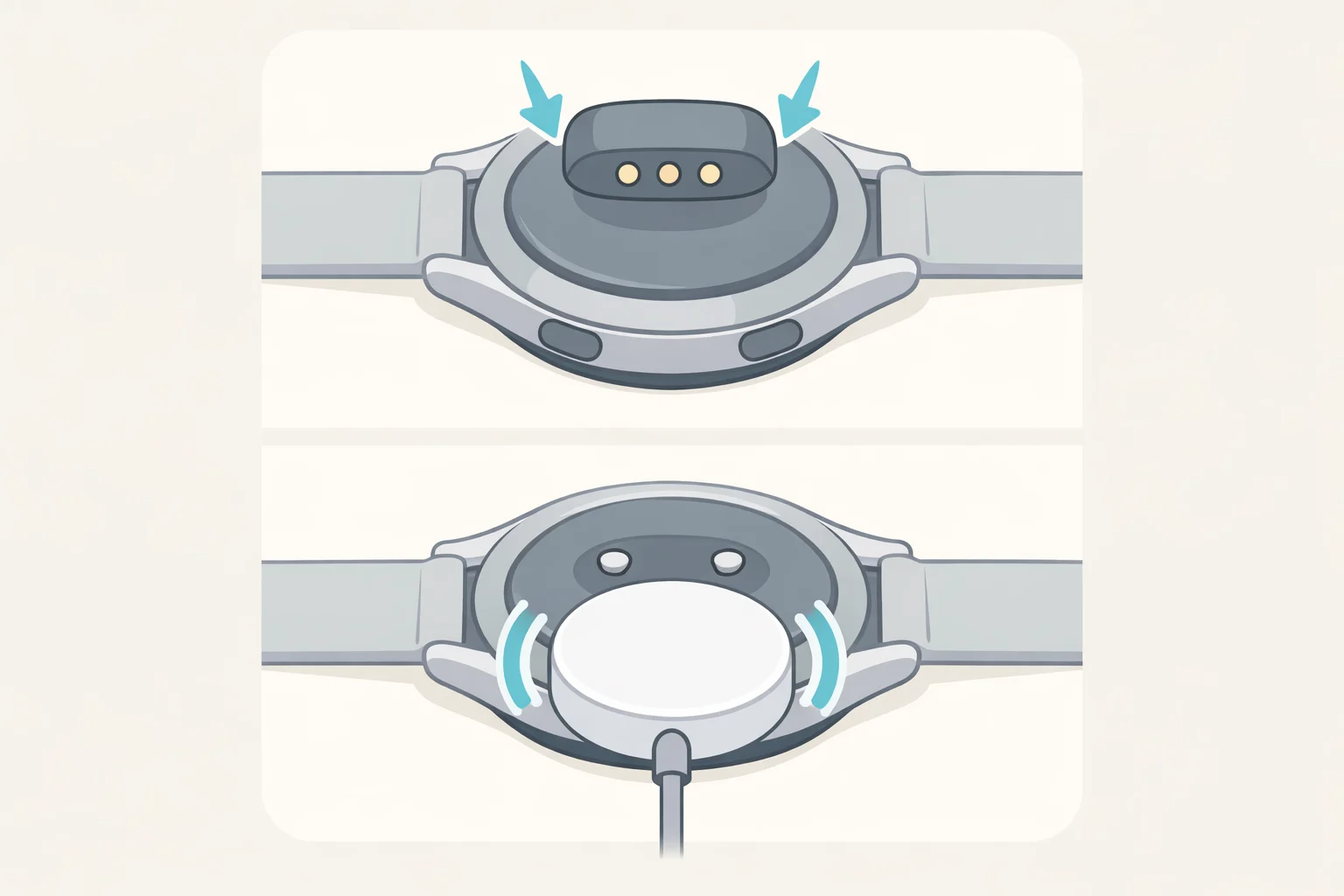 Illustration of a smartwatch underside with pogo pin contacts and a matching magnetic dock snapping into alignment for charging.