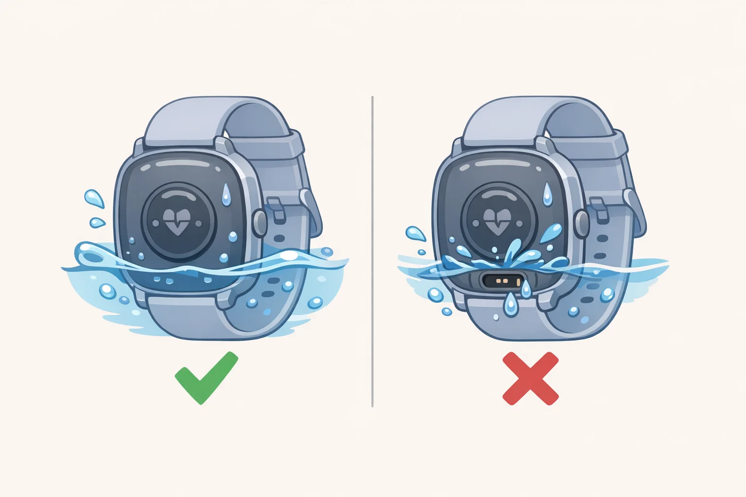 Diagram comparing a smartwatch with a sealed charging puck to one with a USB-C opening, highlighting the additional waterproof seal required for a port.