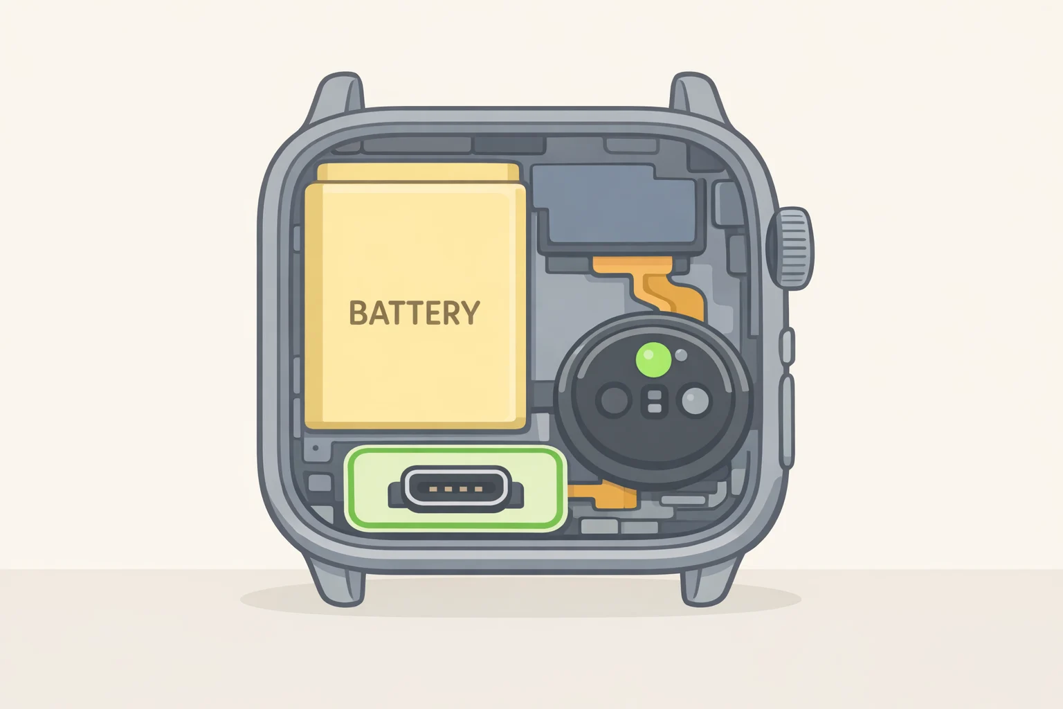 Cross-section diagram of a smartwatch case showing why don't smartwatches use USB-C charging ports: a USB-C opening consumes space needed for the battery, sensors, antennas, and waterproofing.