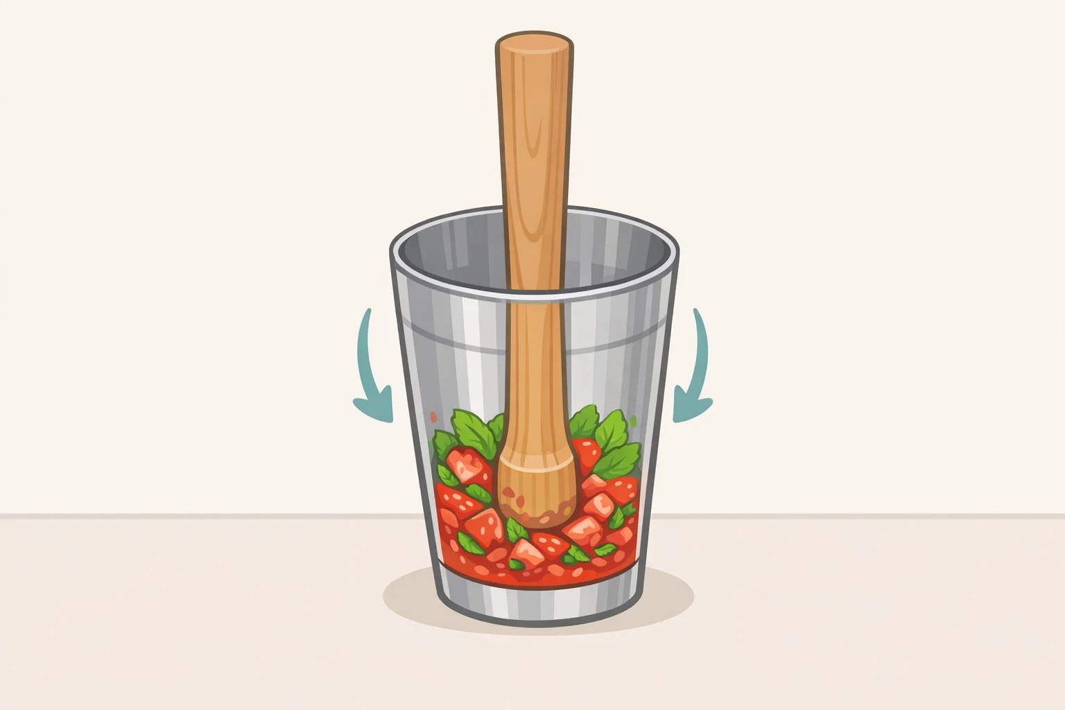 Illustration of strawberries and mint being muddled in a shaker until they break down and turn syrupy, showing the difference between muddling and pureeing