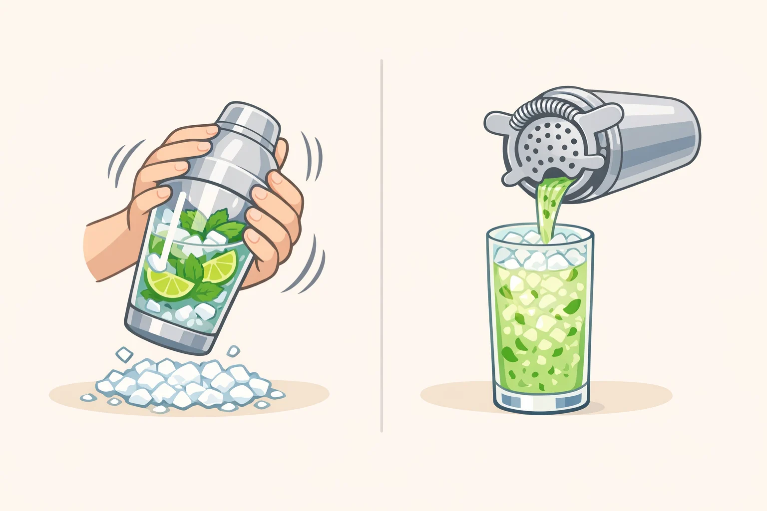Illustration of straining a classic mojito from a shaker into a highball glass filled with crushed ice, then topping with chilled club soda