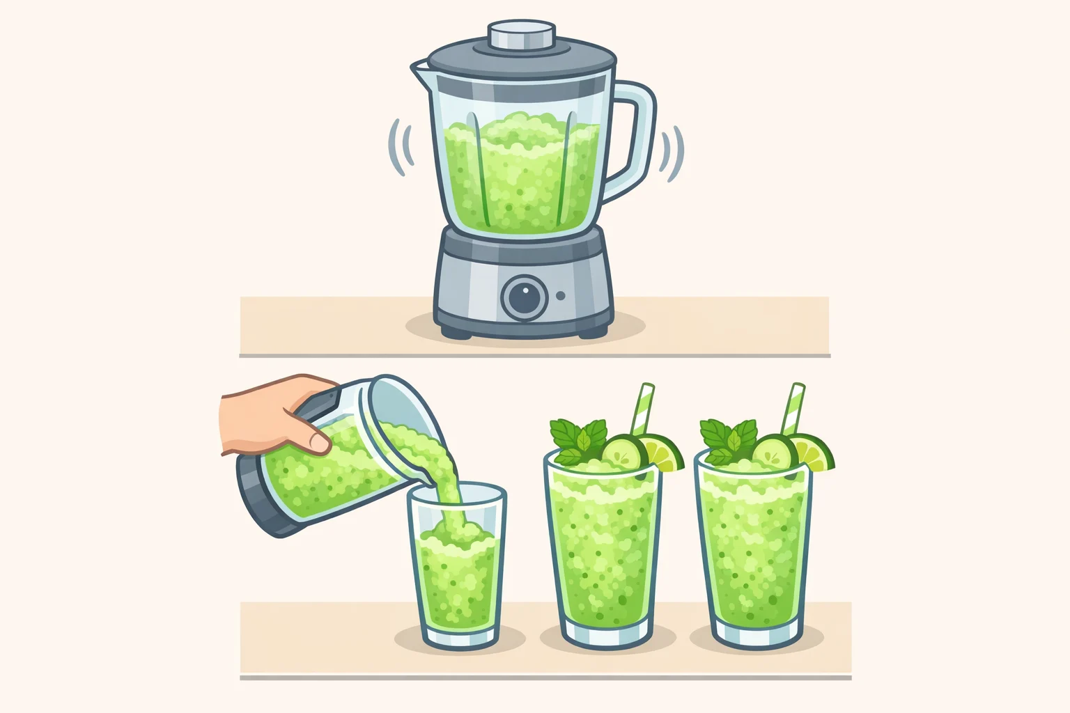 Illustration of a blender turning frozen limeade, cucumber, rum, ice, and mint into a slushy texture, then dividing it into two garnished glasses