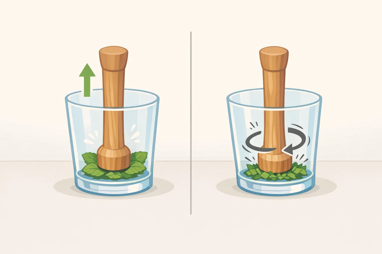 Illustration comparing three muddling methods for 3 easy mojito recipes: gentle press-and-release of mint leaves versus grinding and muddling woody stems that create bitterness