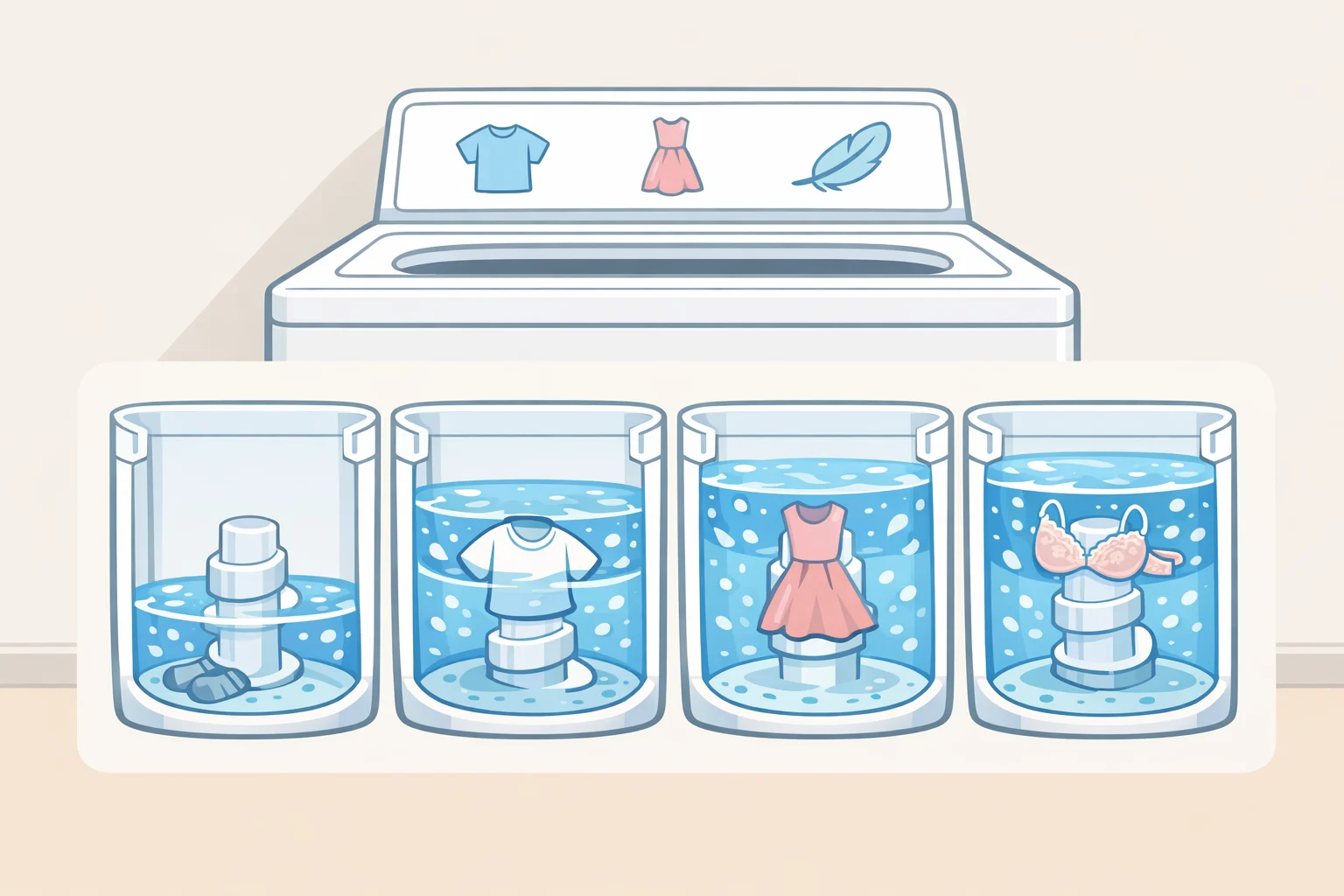 Illustration comparing cycle-based water levels (e.g., Express Wash minimum fill vs Bulky full fill) while keeping the soil level setting constant to show the difference in what controls water depth