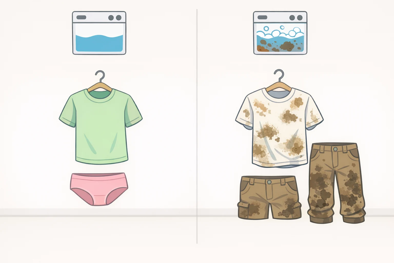 Illustration pairing a lightly worn shirt or pajamas with Light Soil Level and a mud-caked or grease-stained load with Extra Heavy Soil Level for choosing the right wash time