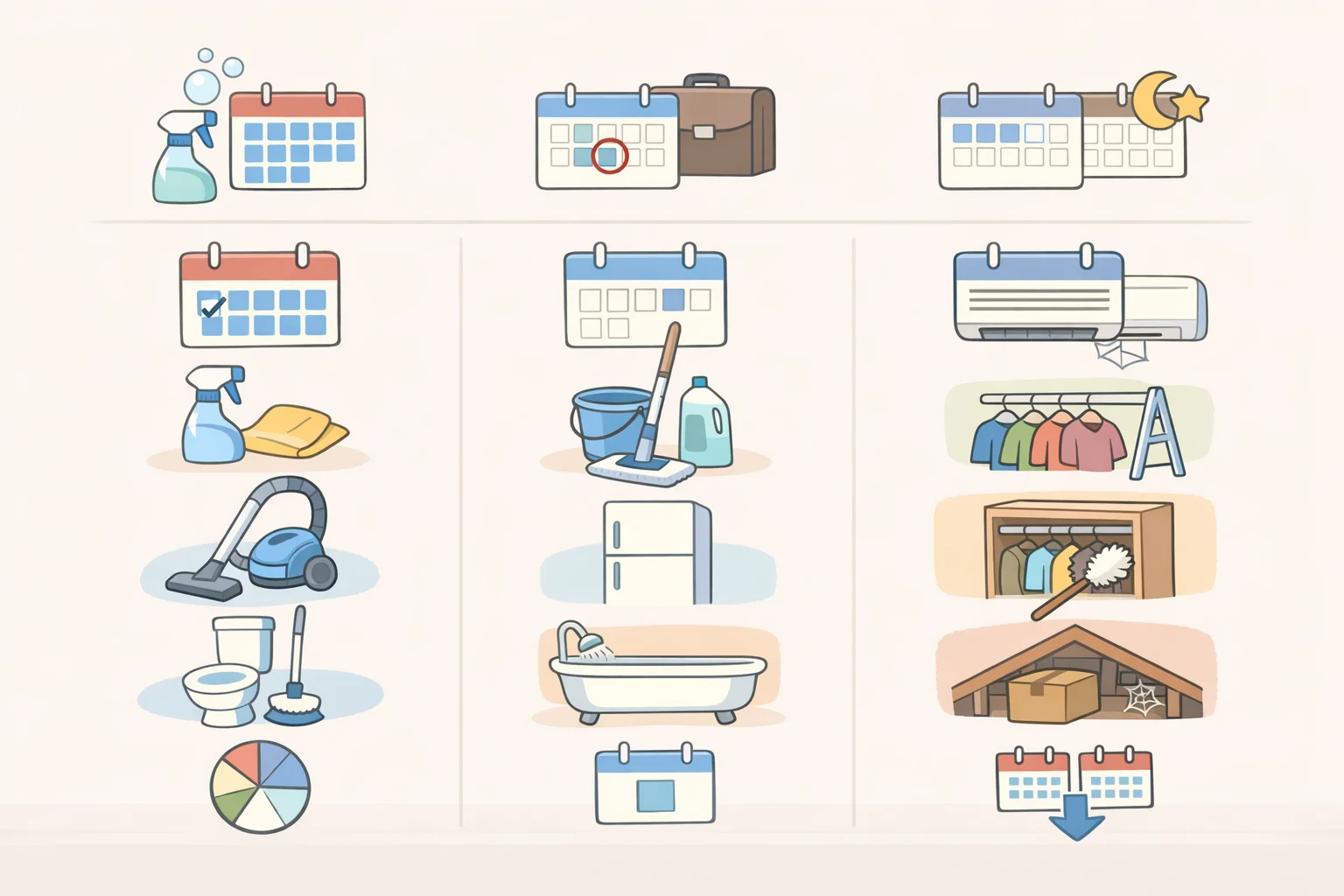 Illustration of a kitchen calendar with reminders for weekly, monthly, and twice-a-year garbage disposal cleaning based on how often the disposal is used