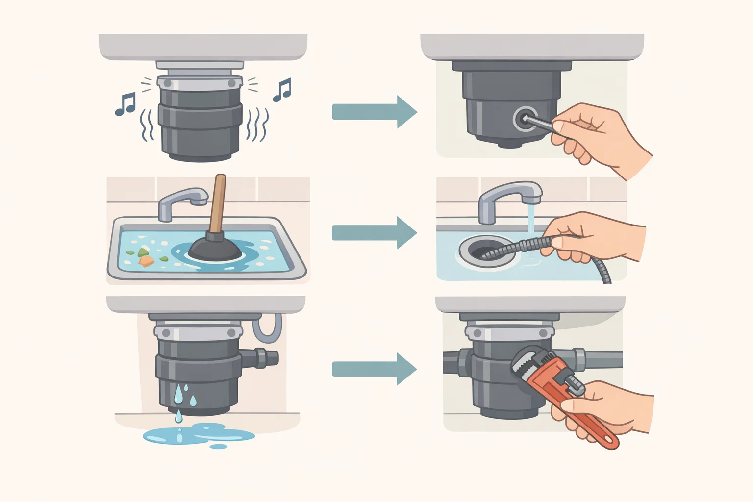 Illustration mapping garbage disposal symptomshumming without grinding, slow draining, lingering odor, and leaks under the sinkto whether to clean, check for clogs, or call a plumber