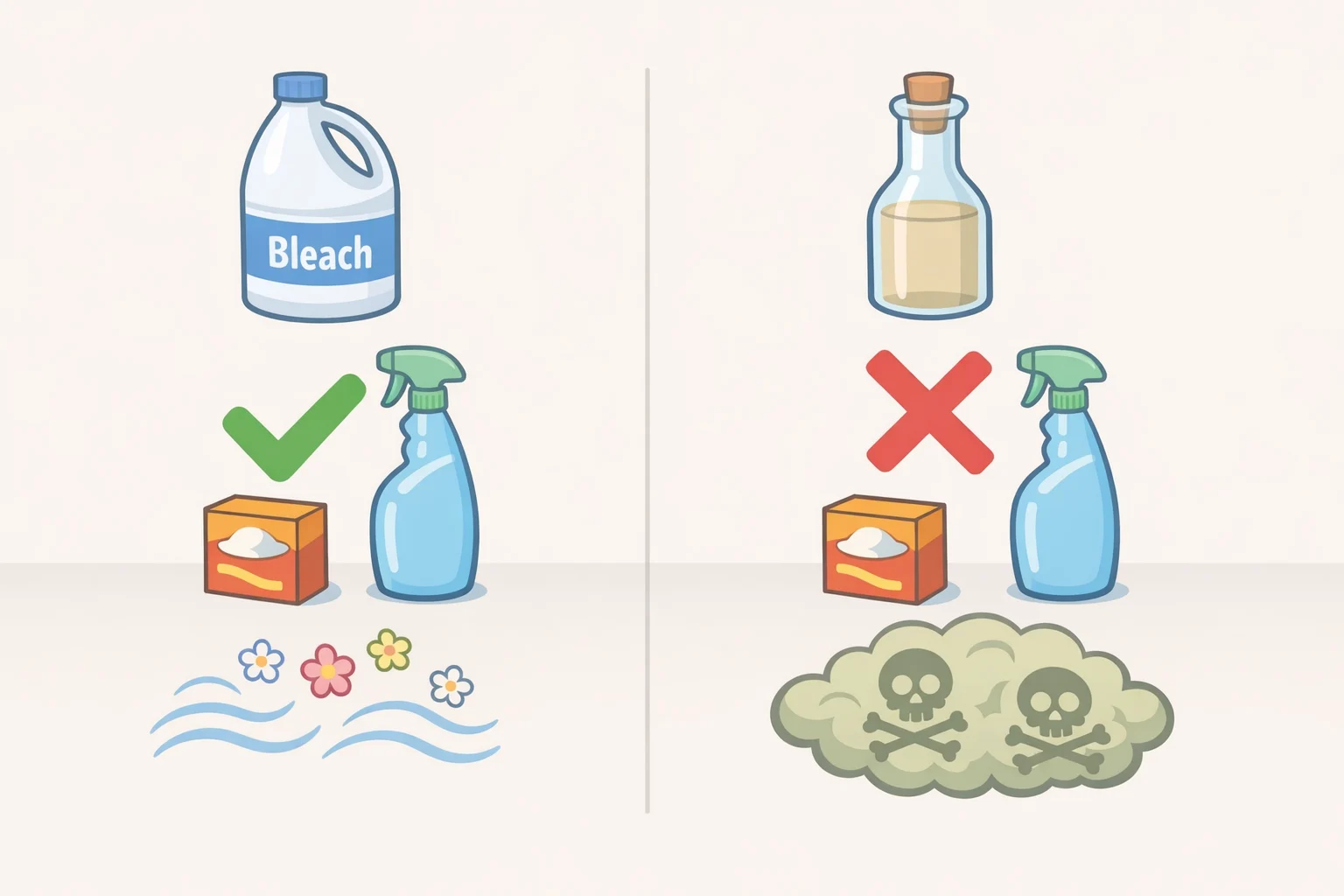 Illustration of two under-sink bottles labeled bleach and vinegar, showing a warning symbol for never mixing bleach with vinegar