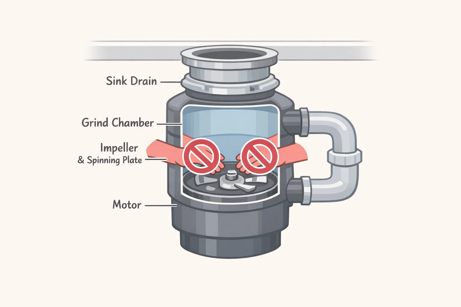 Illustration of how to clean a garbage disposal safely, highlighting the splash guard and emphasizing keeping hands out of the grinding chamber