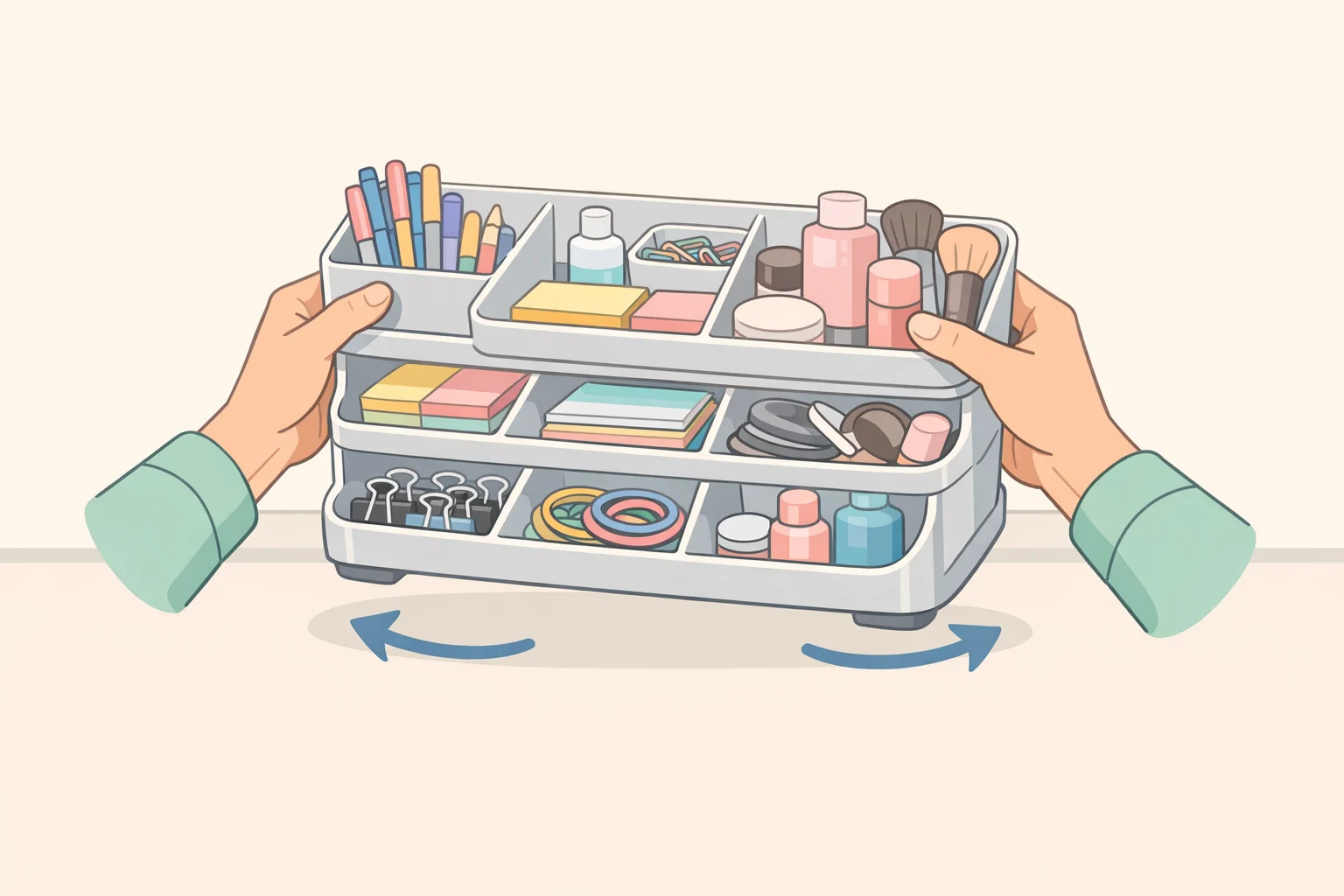 A loaded Dollar Tree organizer stability test showing compartments filled, then the unit lifted and shifted to confirm the top trays stay seated