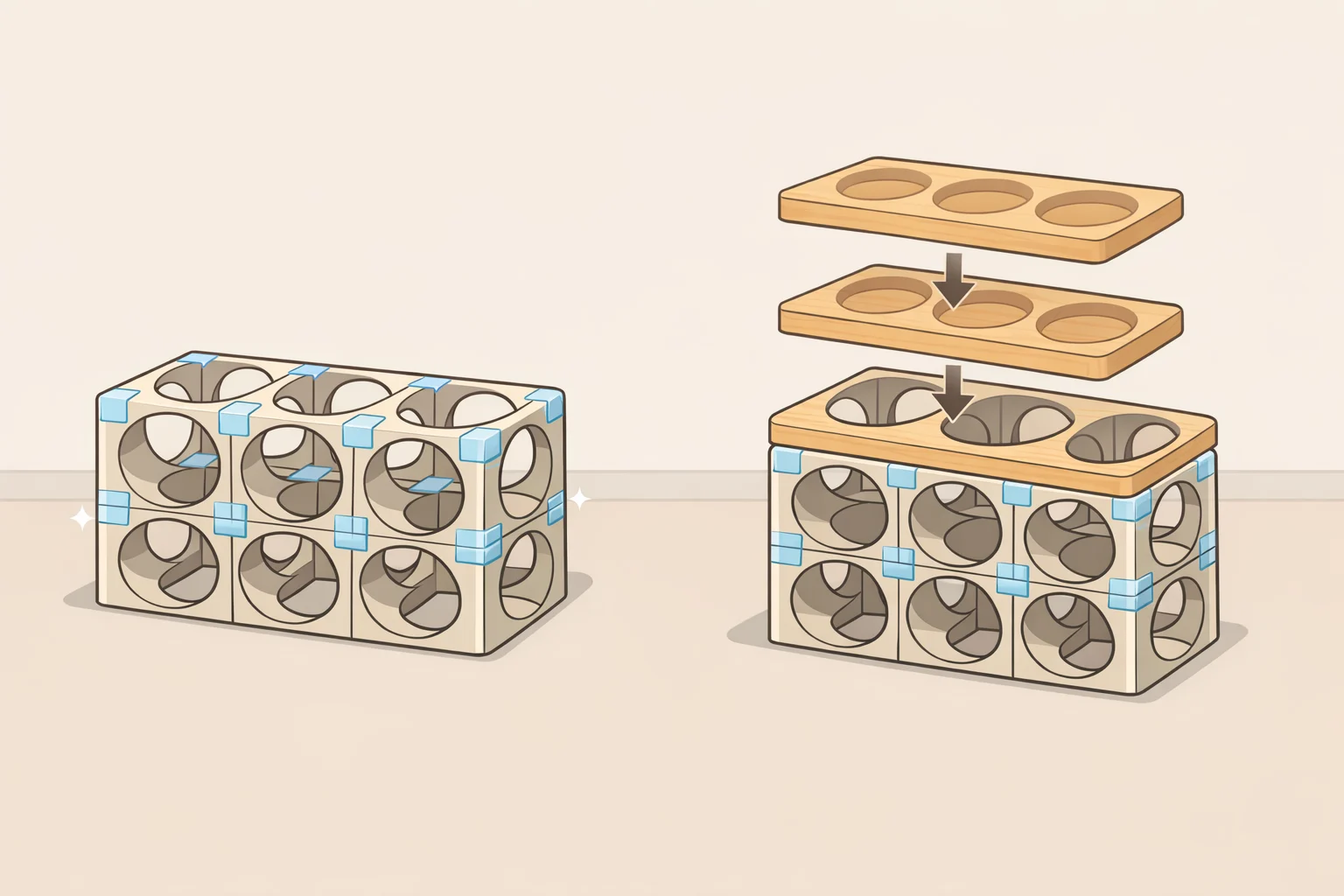 Top-down view of a 12-compartment build where six clear wine bottle holders form a three-by-two grid joined with gel tape and two compartment trays stack on top