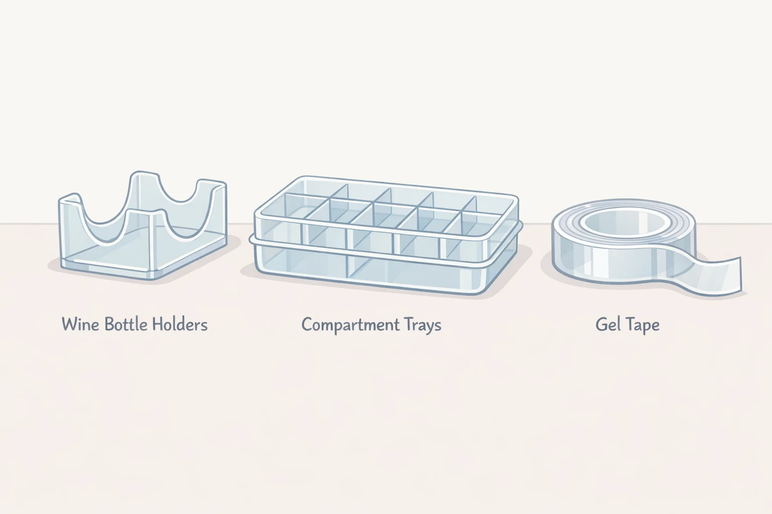 Dollar Tree DIY portable organizer parts: six clear acrylic wine bottle holders, two clear three-compartment trays, and reusable double-sided gel tape