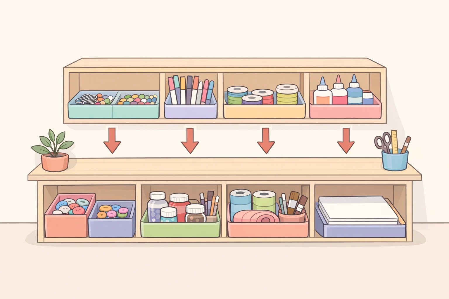 Craft desk setup where markers, scissors, and tape fit in the deeper lower cubbies and small loose items like paper clips and pins go into the shallower top compartments