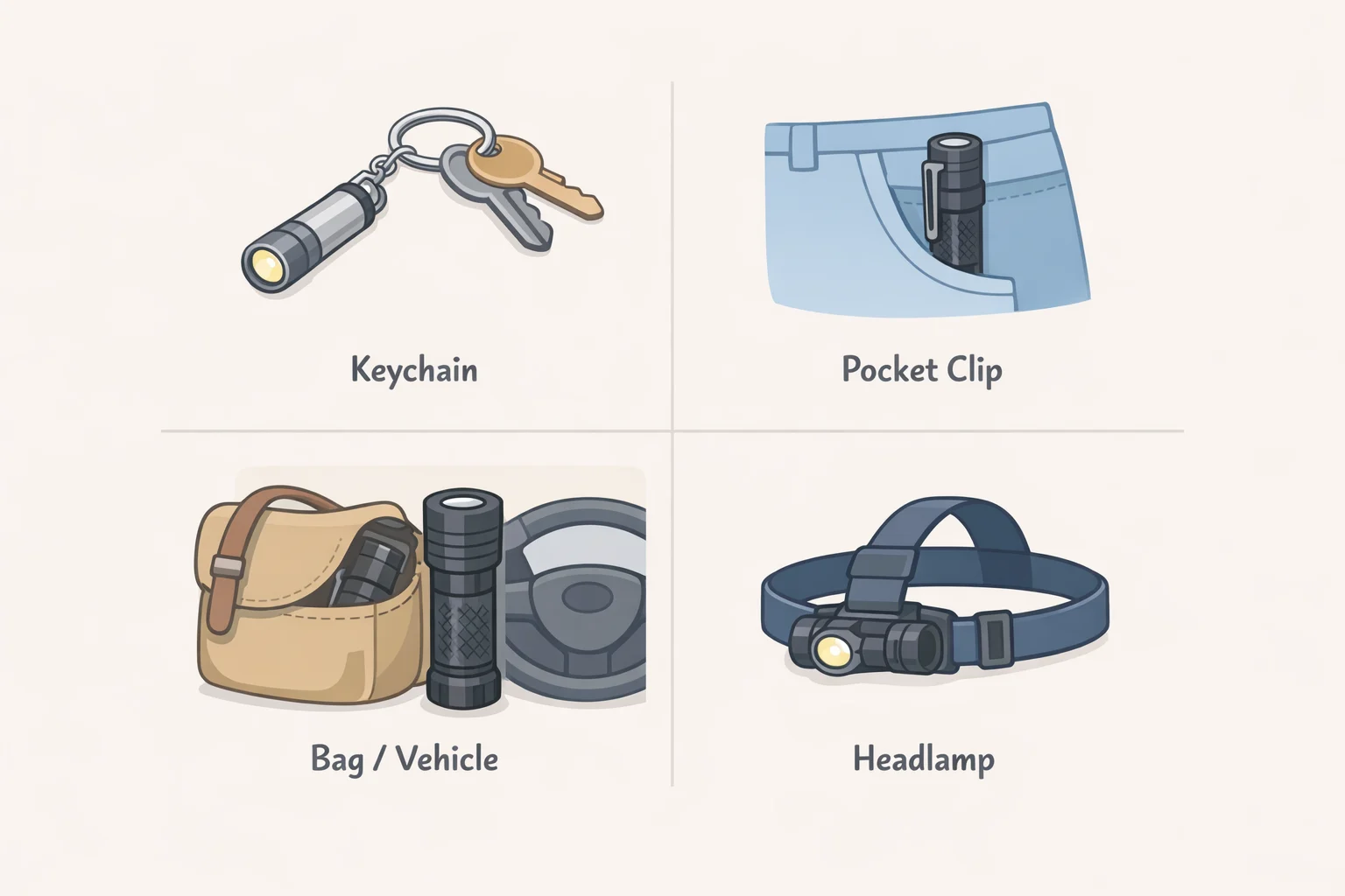 Illustration comparing keychain, 3–4 inch pocket/clip, 4–6 inch bag/vehicle, and hands-free headlamp flashlight form factors