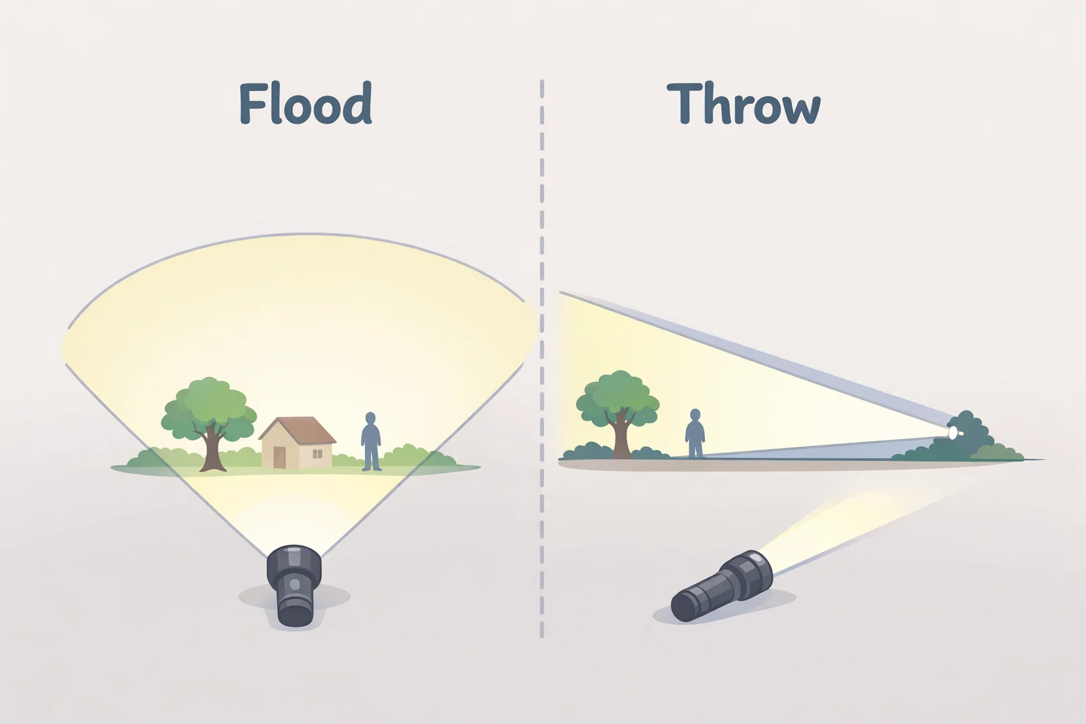Illustration comparing two flashlights with the same lumens: one producing a wide flood beam and the other a narrower, longer-throw beam