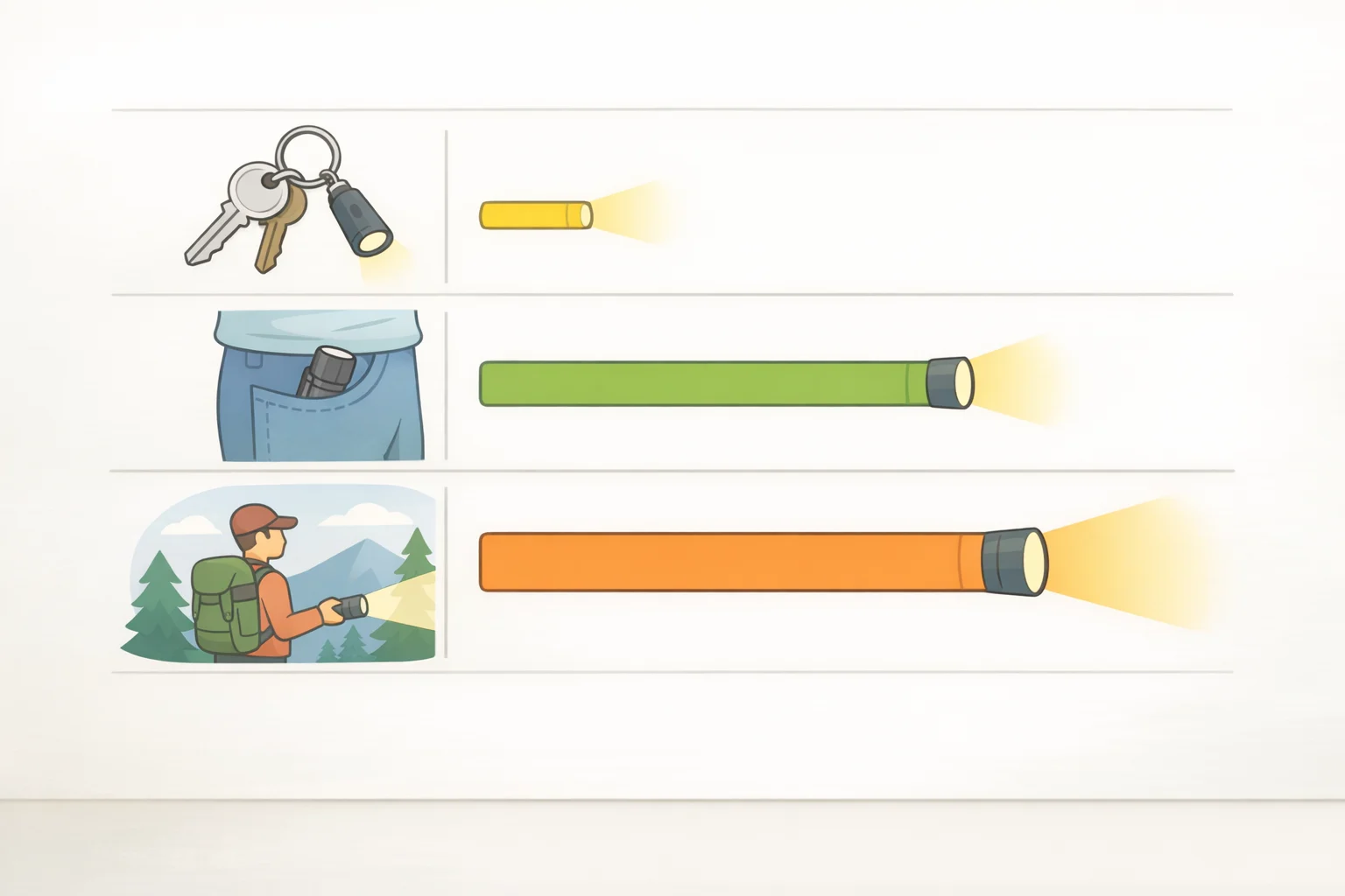 Chart-style illustration showing what lumens for an EDC flashlight to choose by carry type: keychain 100–300, pocket 300–1,000, and bag/vehicle 1,000-plus