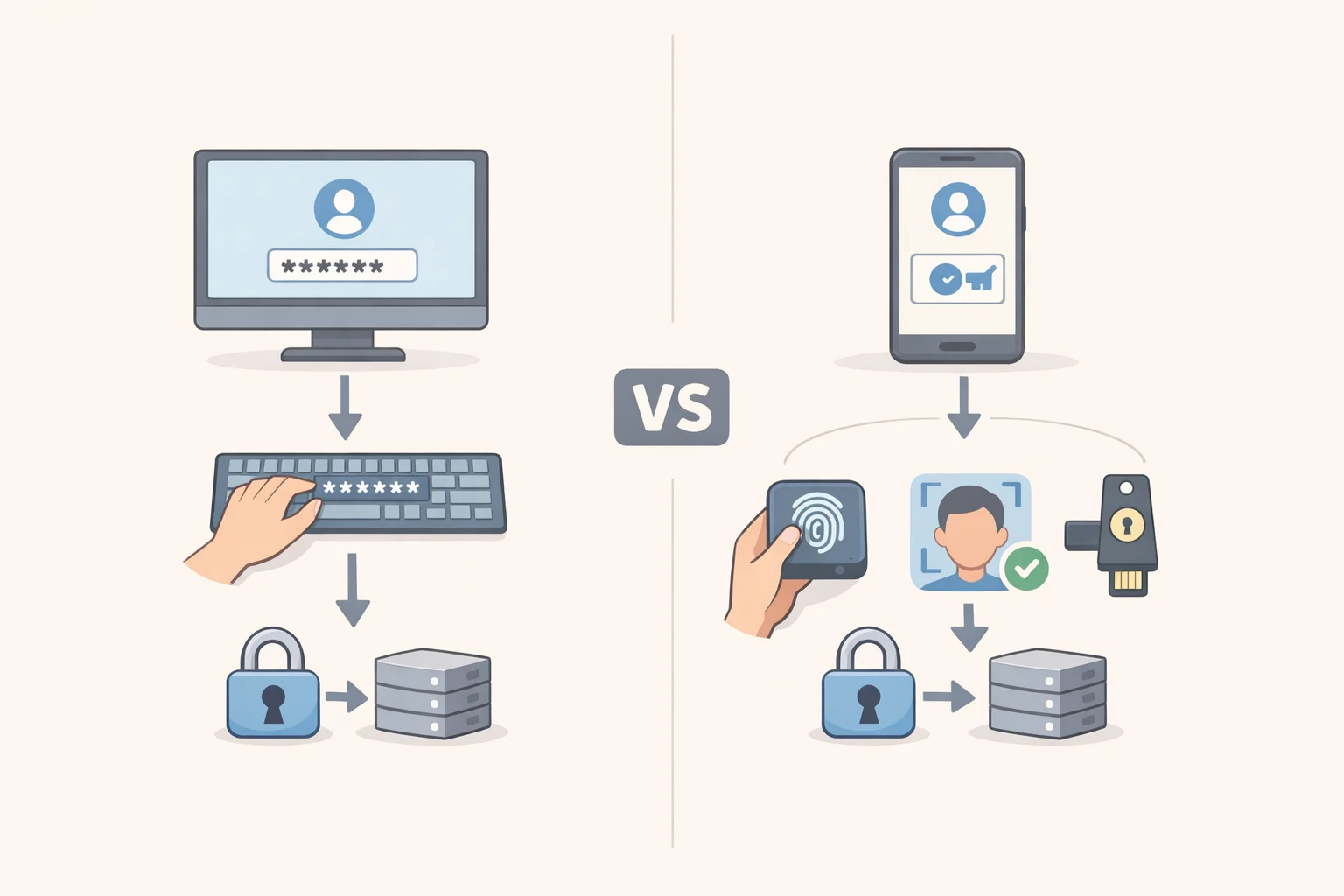 Diagram contrasting passkey vs password: a reusable password typed into a login page versus a passkey where the device/credential manager authenticates without revealing a reusable secret