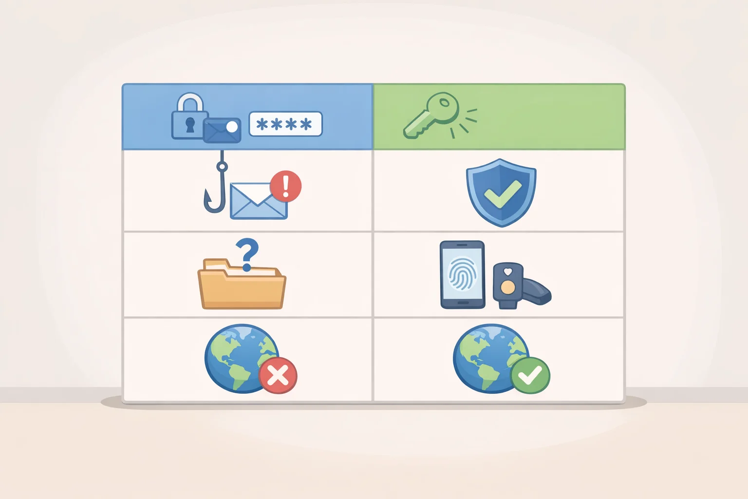 Side-by-side comparison of password and passkey across factors such as login phishing, recovery, device loss, sharing, and availability